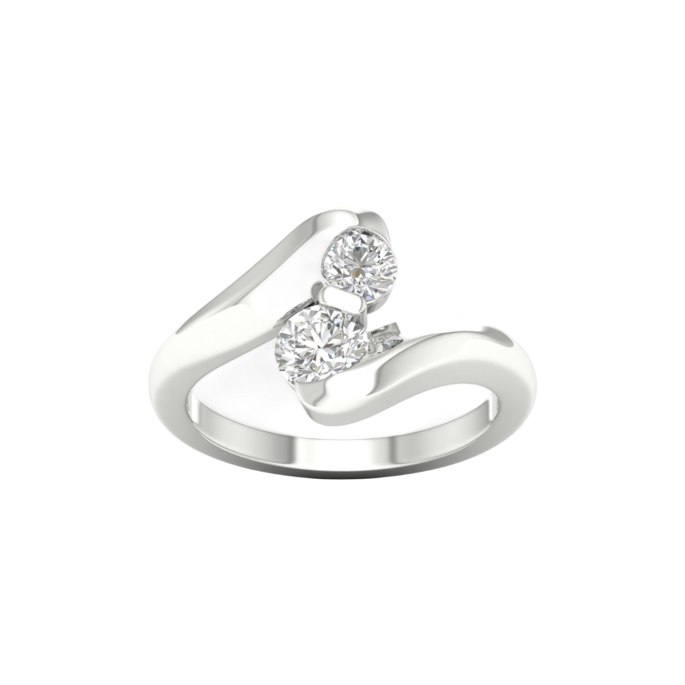 A top-down view of a 14K white gold bypass ring with two round diamonds at the center and a fluid, curving band.