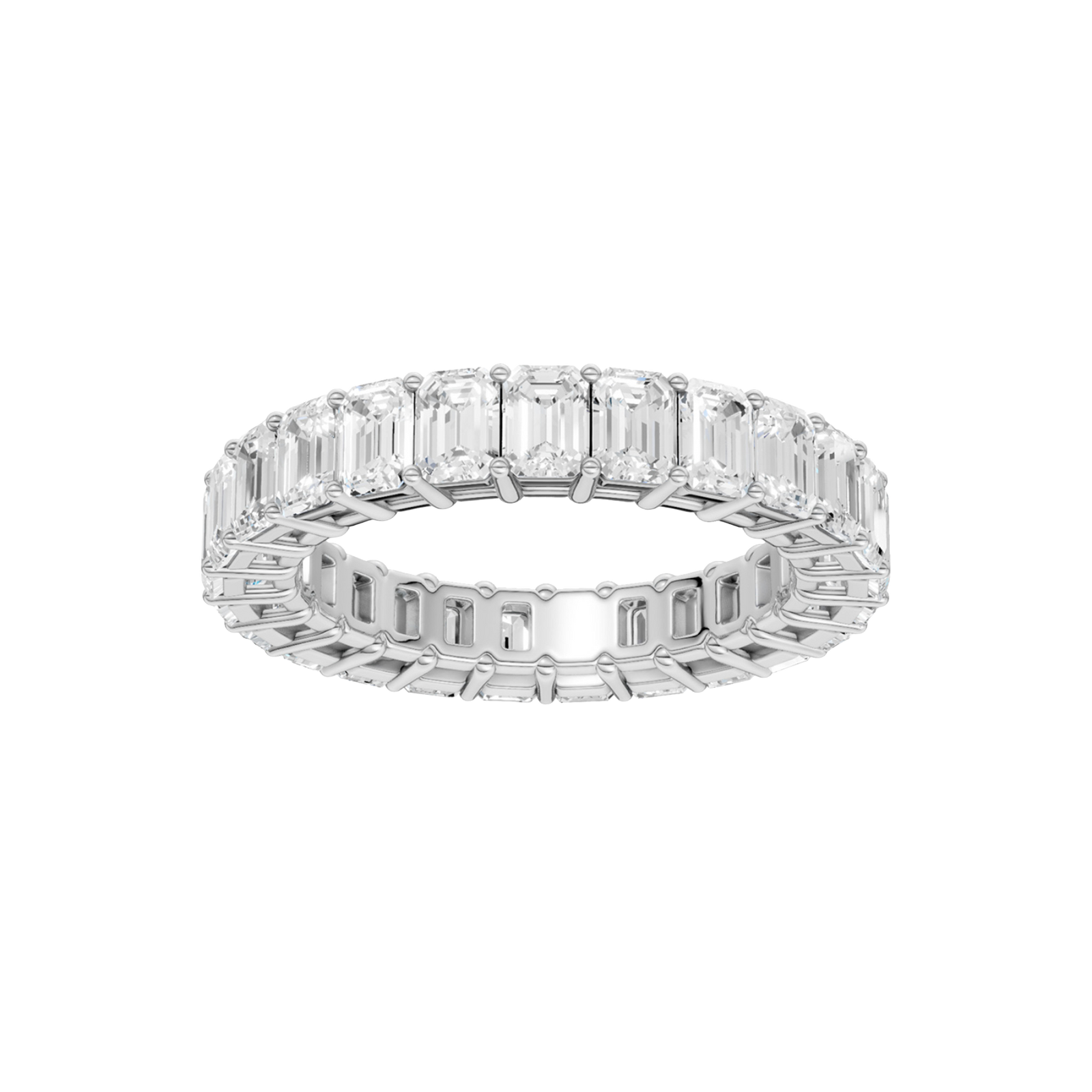 A top-down view of a 14K white gold eternity band with a continuous line of bold, horizontally-set rectangular jewels.