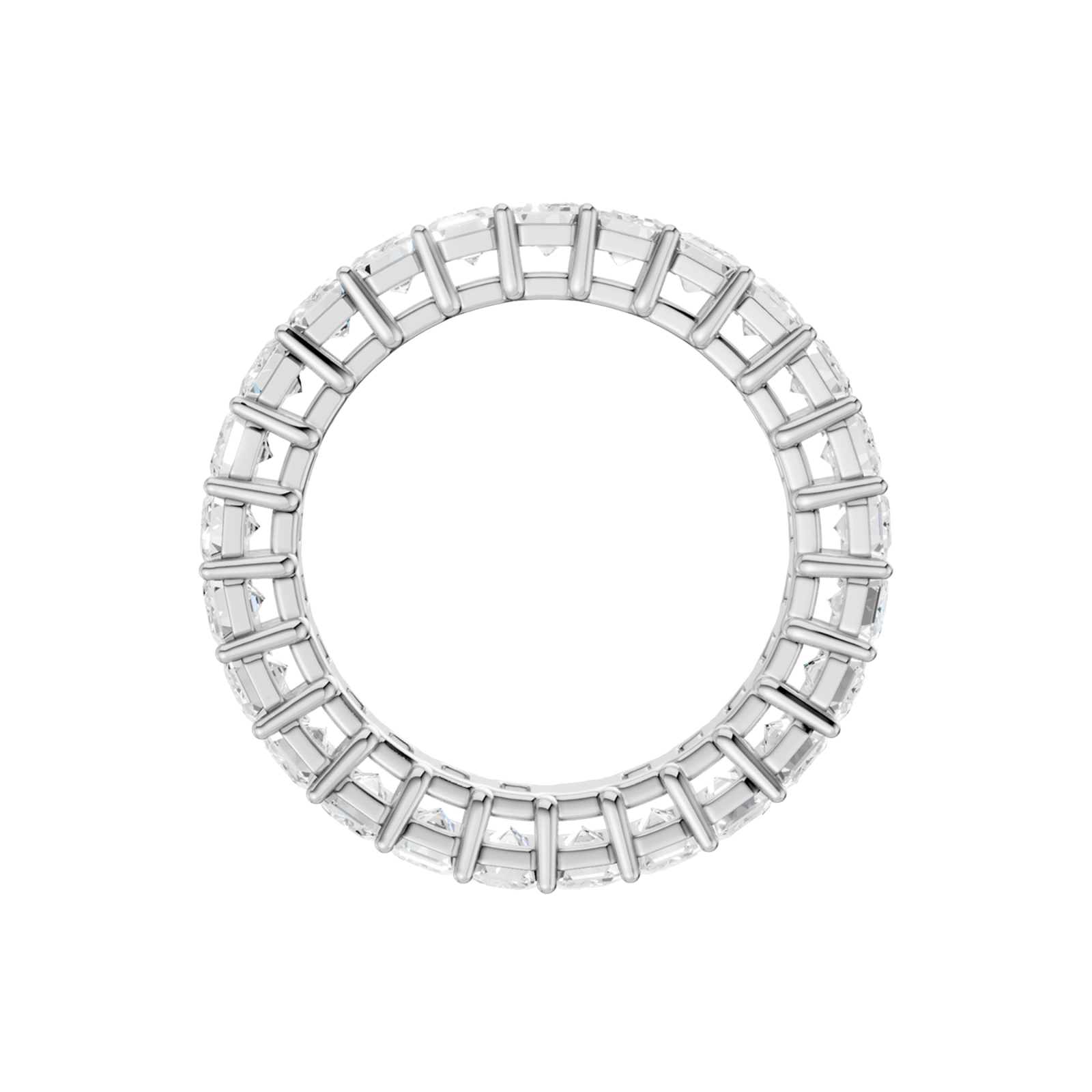 A front view of a 14K white gold eternity ring, showcasing sparkling rectangular gemstones.