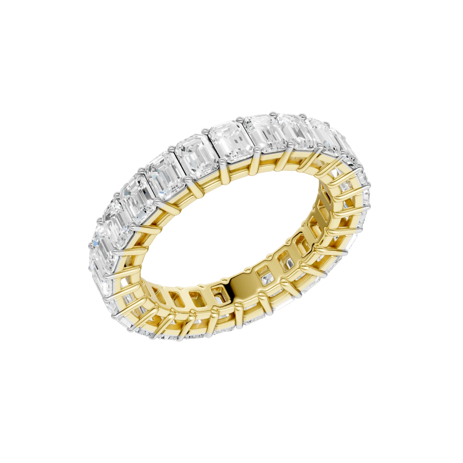 An angled view of a 14K yellow gold eternity band, showcasing the impressive brilliance of the rectangular jewels.