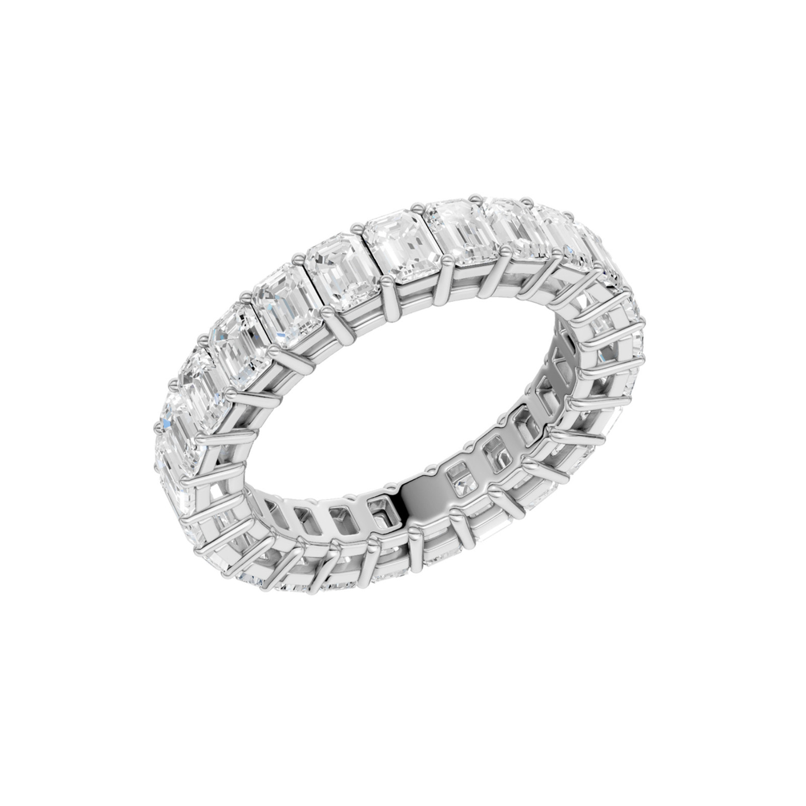An angled view of a 14K white gold eternity band, showcasing the impressive brilliance of the rectangular jewels.