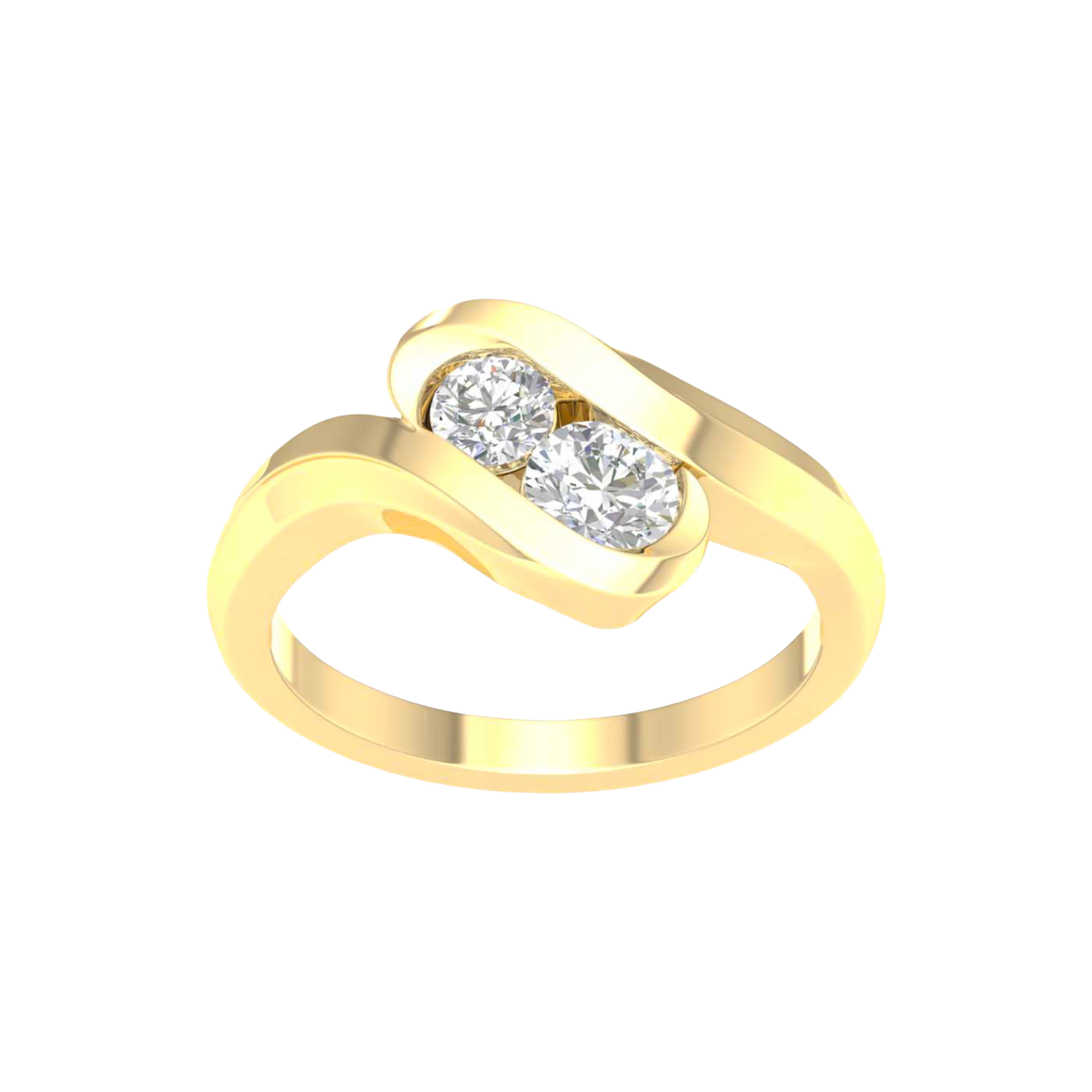 A top-down view of a 14K yellow gold bypass ring with two round diamonds at the center and a fluid, curving band.