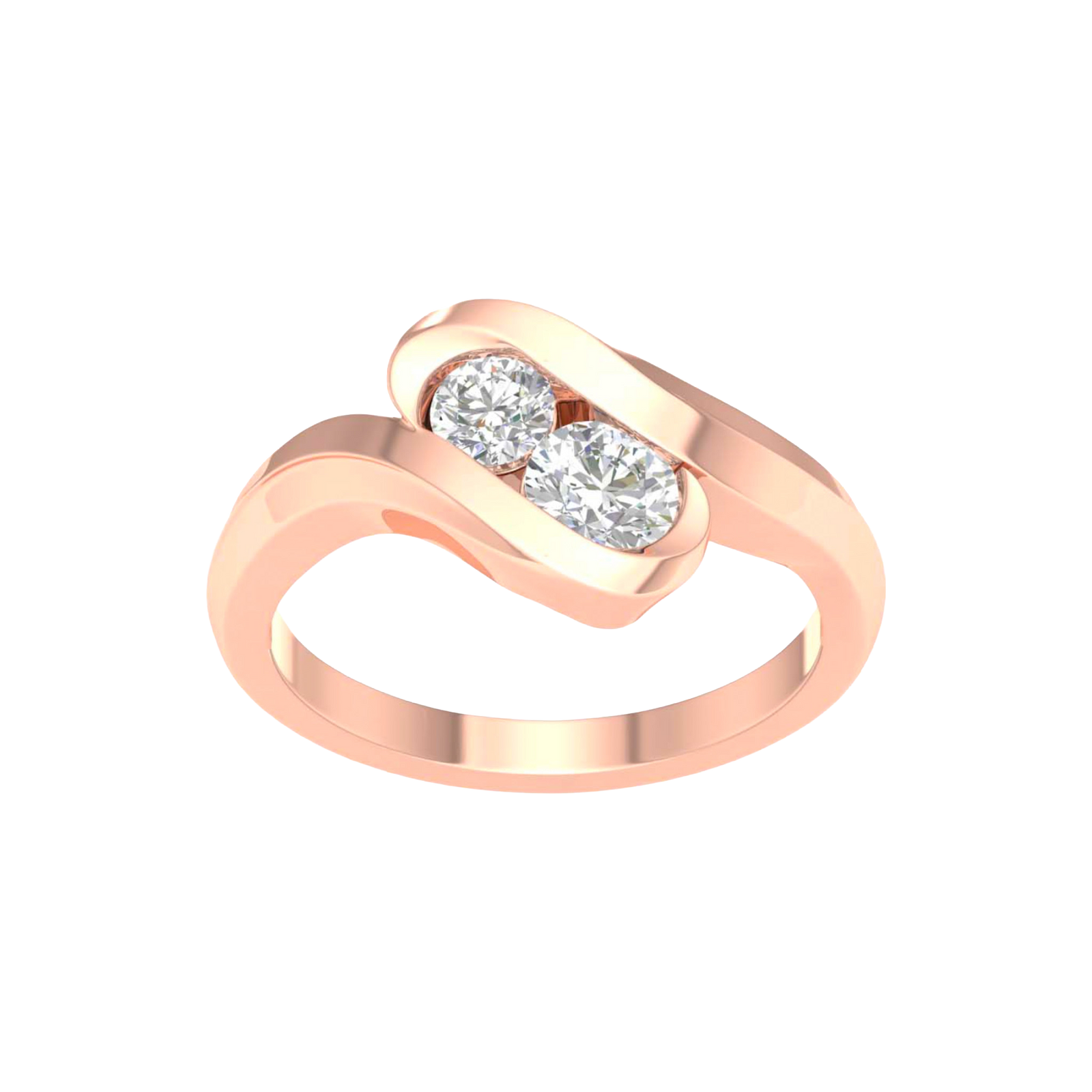 A top-down view of a 14K rose gold bypass ring with two round diamonds at the center and a fluid, curving band.