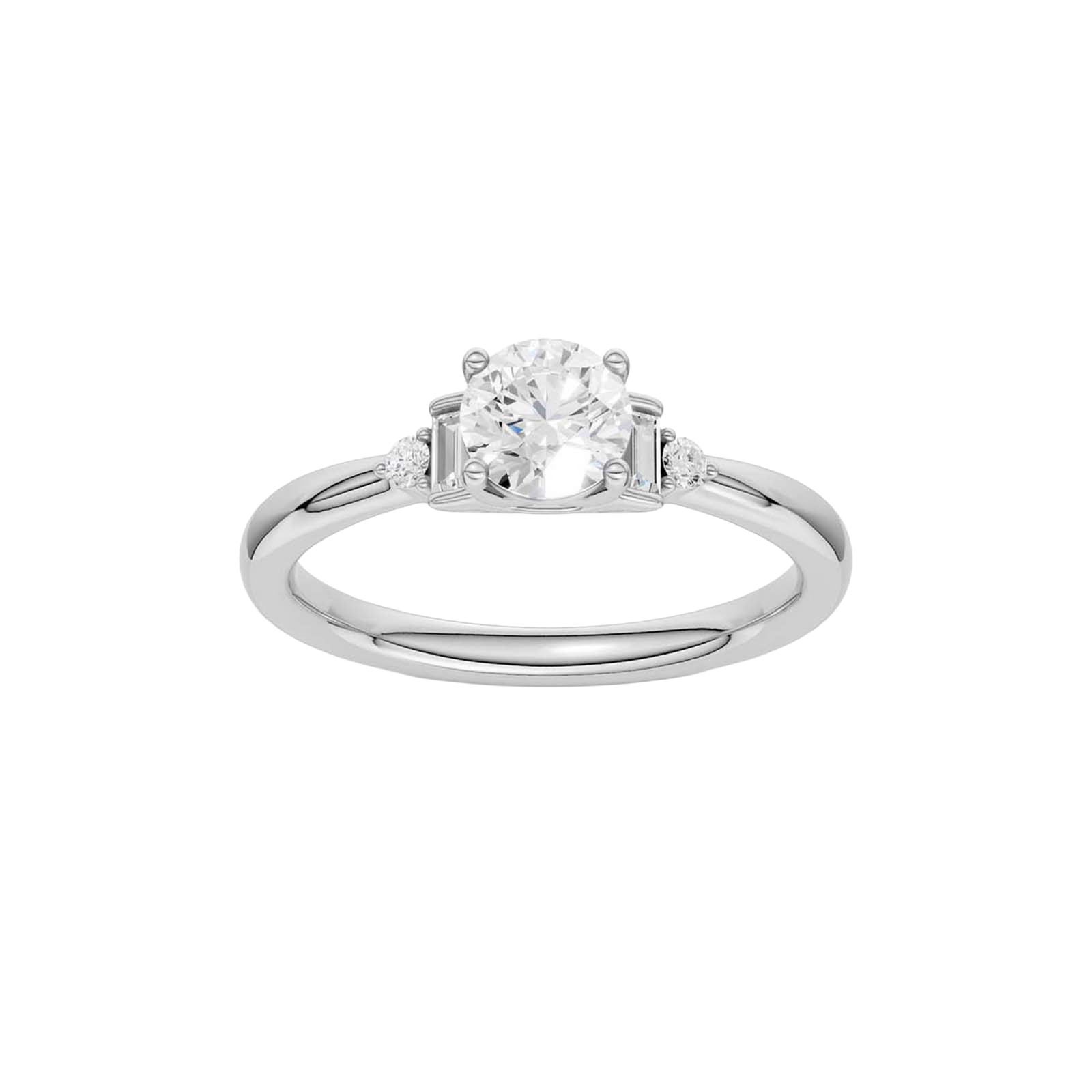 A top-down view of a 14K white gold ring with a central round jewel and two smaller round gems on the sides.