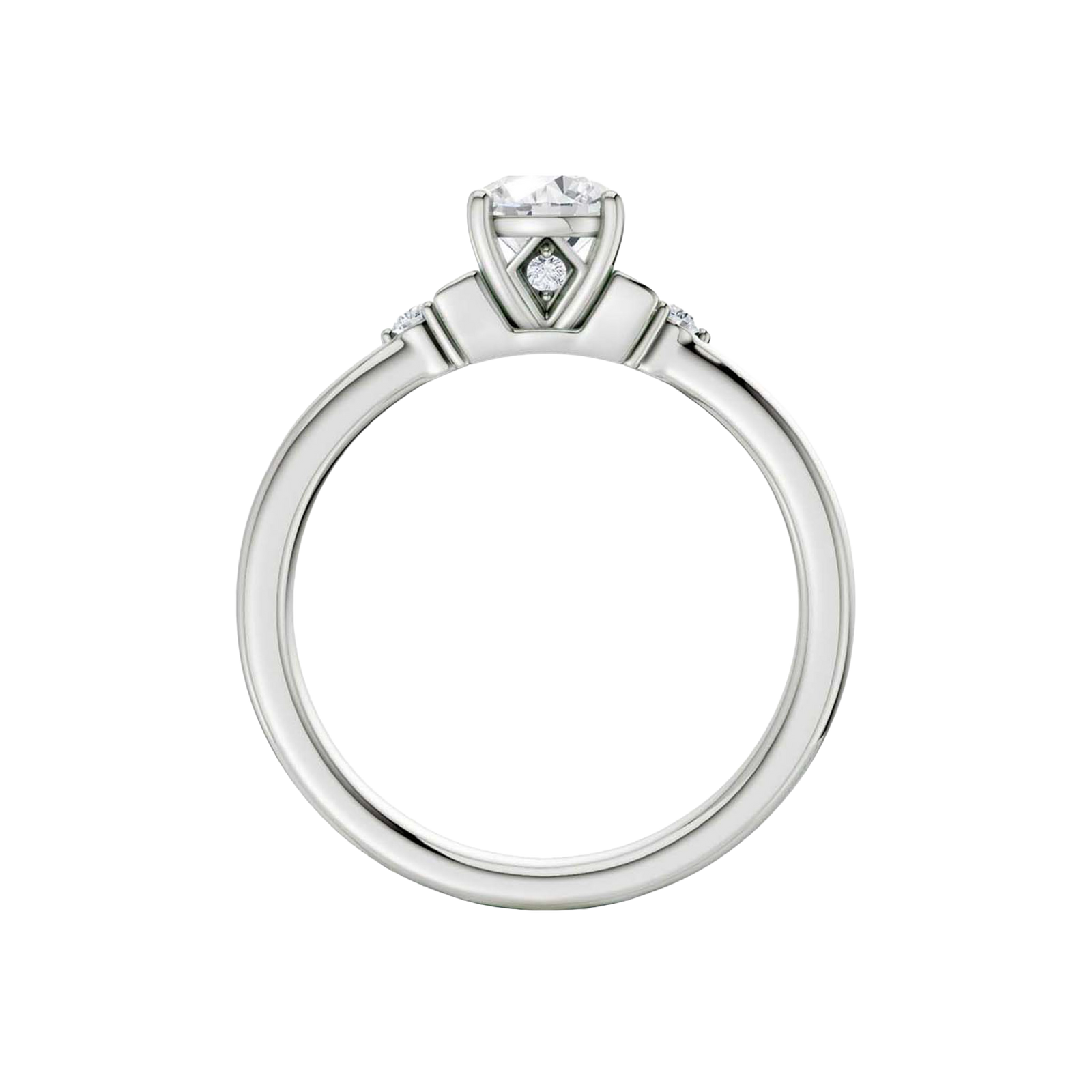 Front view of a 14K white gold ring featuring a round center gemstone with two smaller round stones on each side.