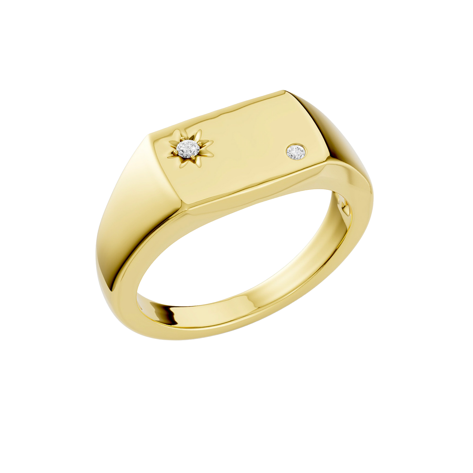 An angled view of a 14K yellow gold signet ring, showcasing the central jewel and the sunburst design.