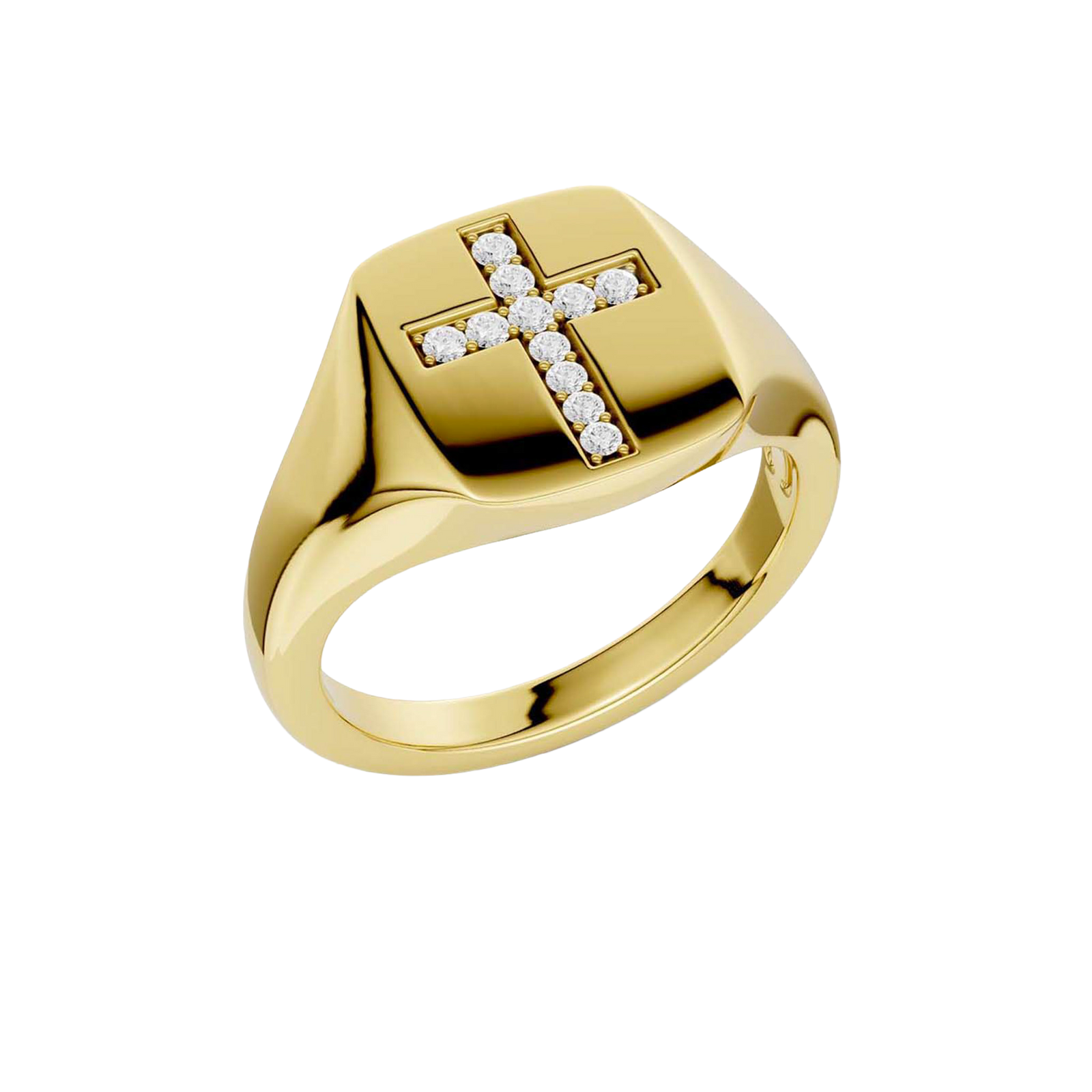 An angled view of a 14K yellow gold signet ring, showcasing the pavé jewel cross design.