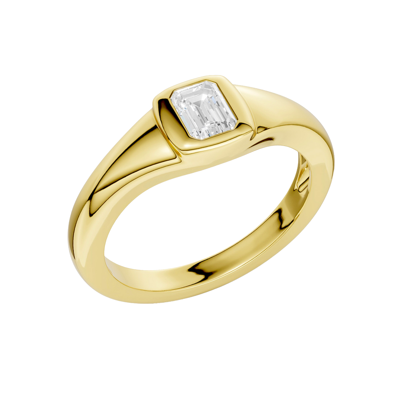 An angled view of Amorati Diamonds Horizon Diamond Ring, 10K yellow gold ring with a single, emerald lab-grown diamond in a sleek, curving band.