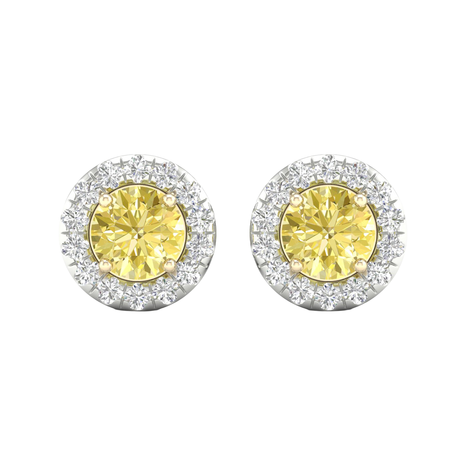 A pair of 14K white gold stud earrings, with a 2 carat total weight VS+ yellow diamond at the center and a halo of white diamonds, shown from the front.