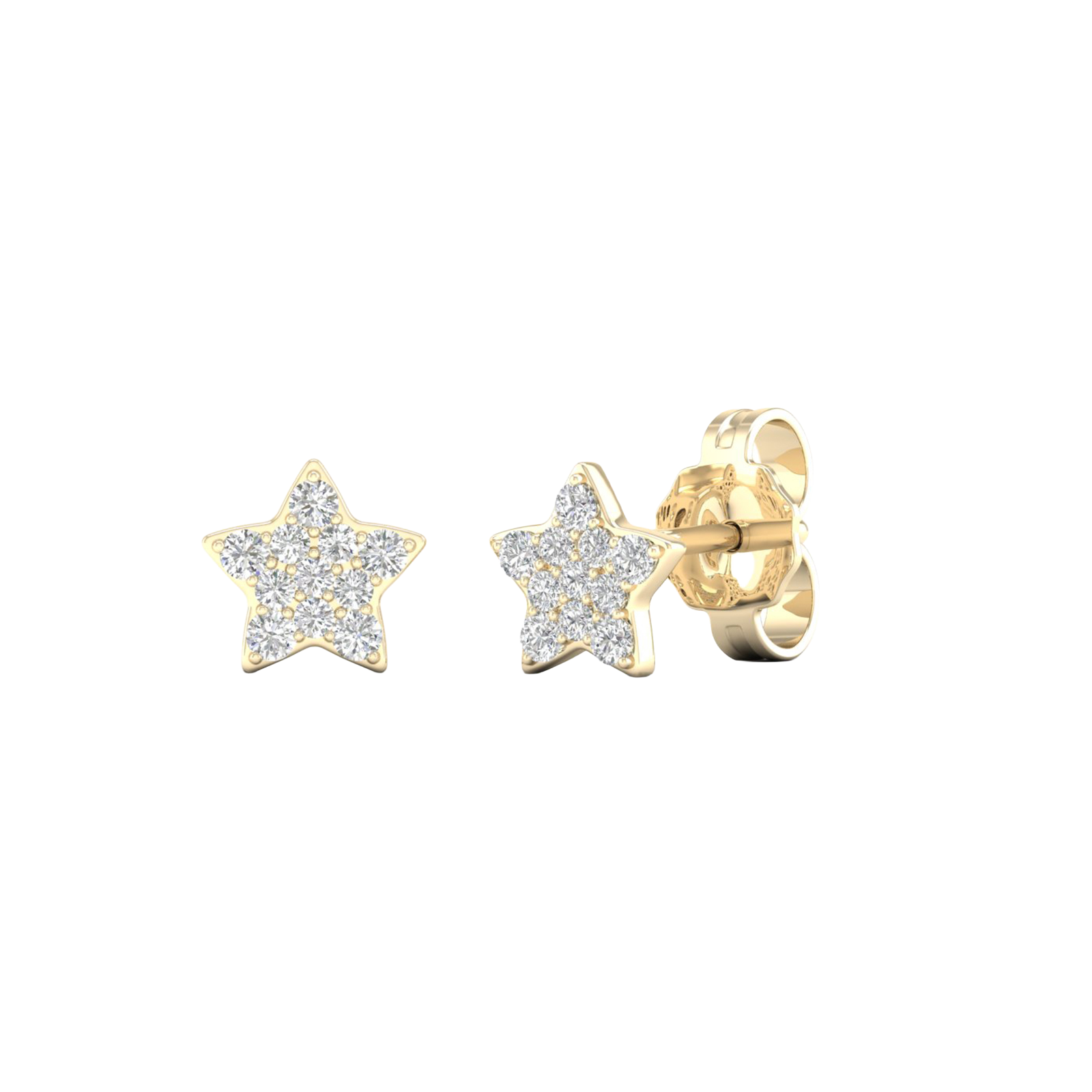 An angled view of a pair of 14K yellow gold star-shaped stud earrings with pavé diamonds, showcasing the full design.