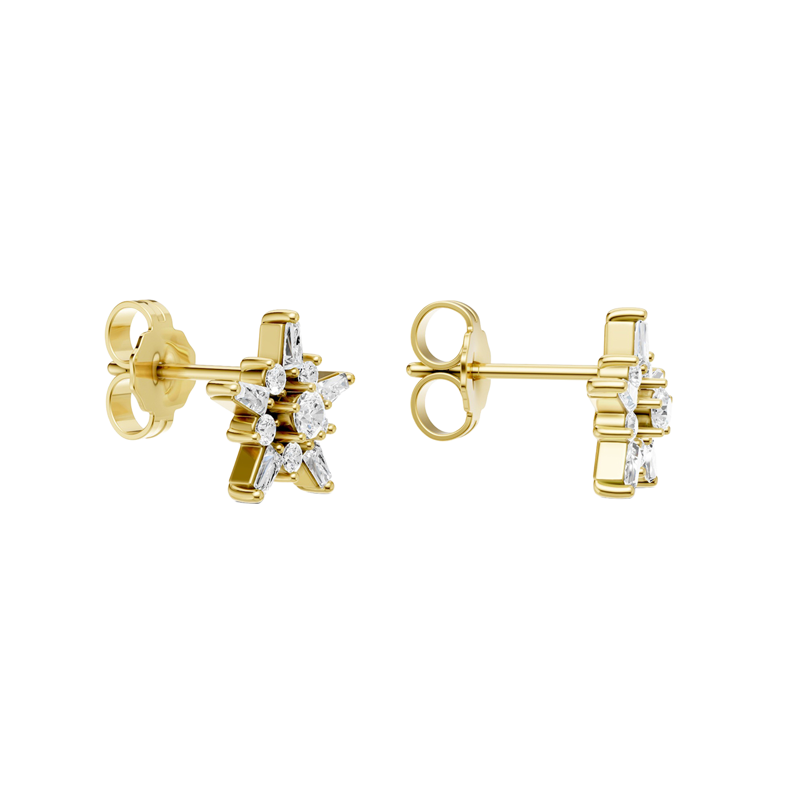 A side view of a pair of 14K yellow gold stud earrings with a starburst design, featuring blue baguettes and gold beads.