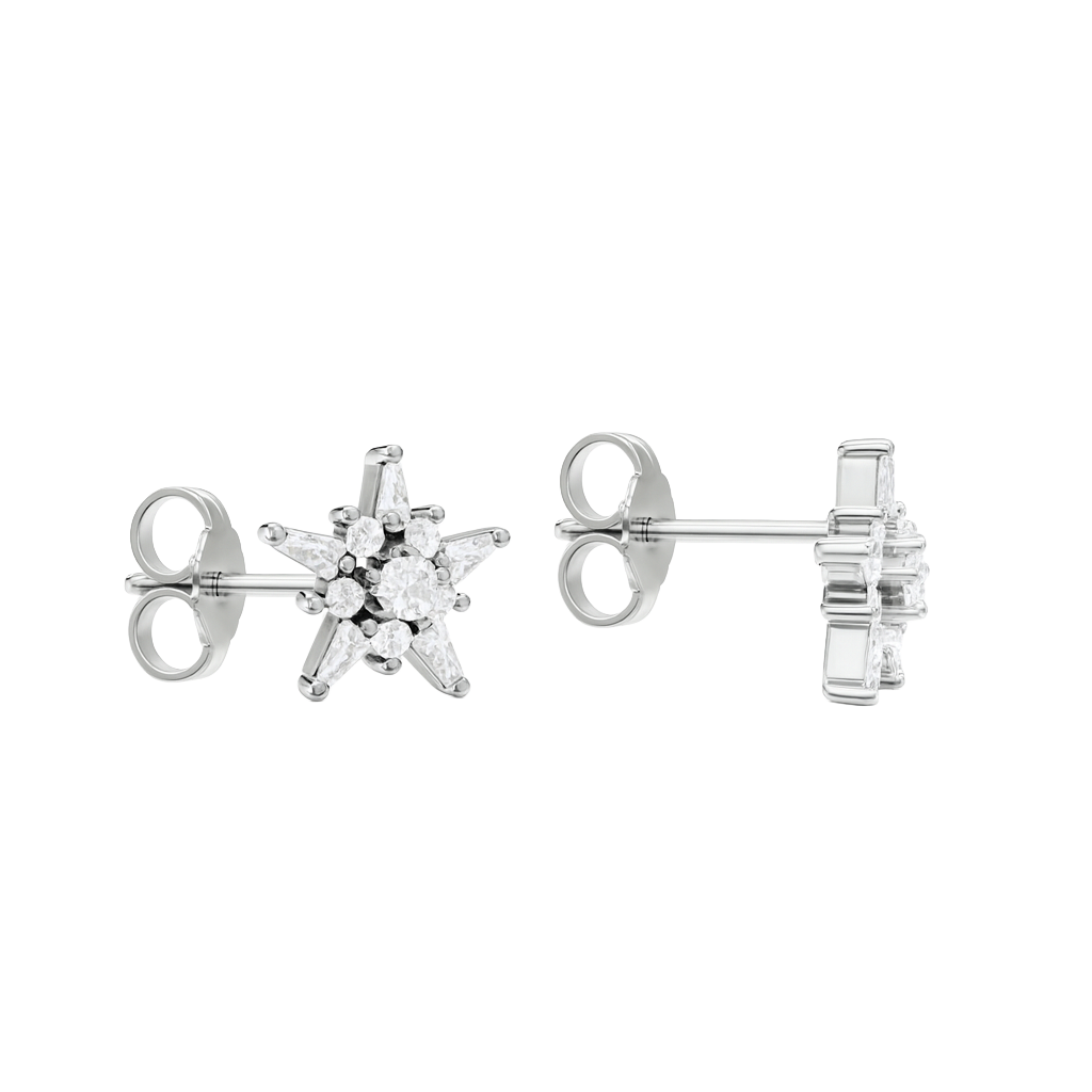 A side view of a pair of 14K white gold stud earrings with a starburst design, featuring blue baguettes and gold beads.