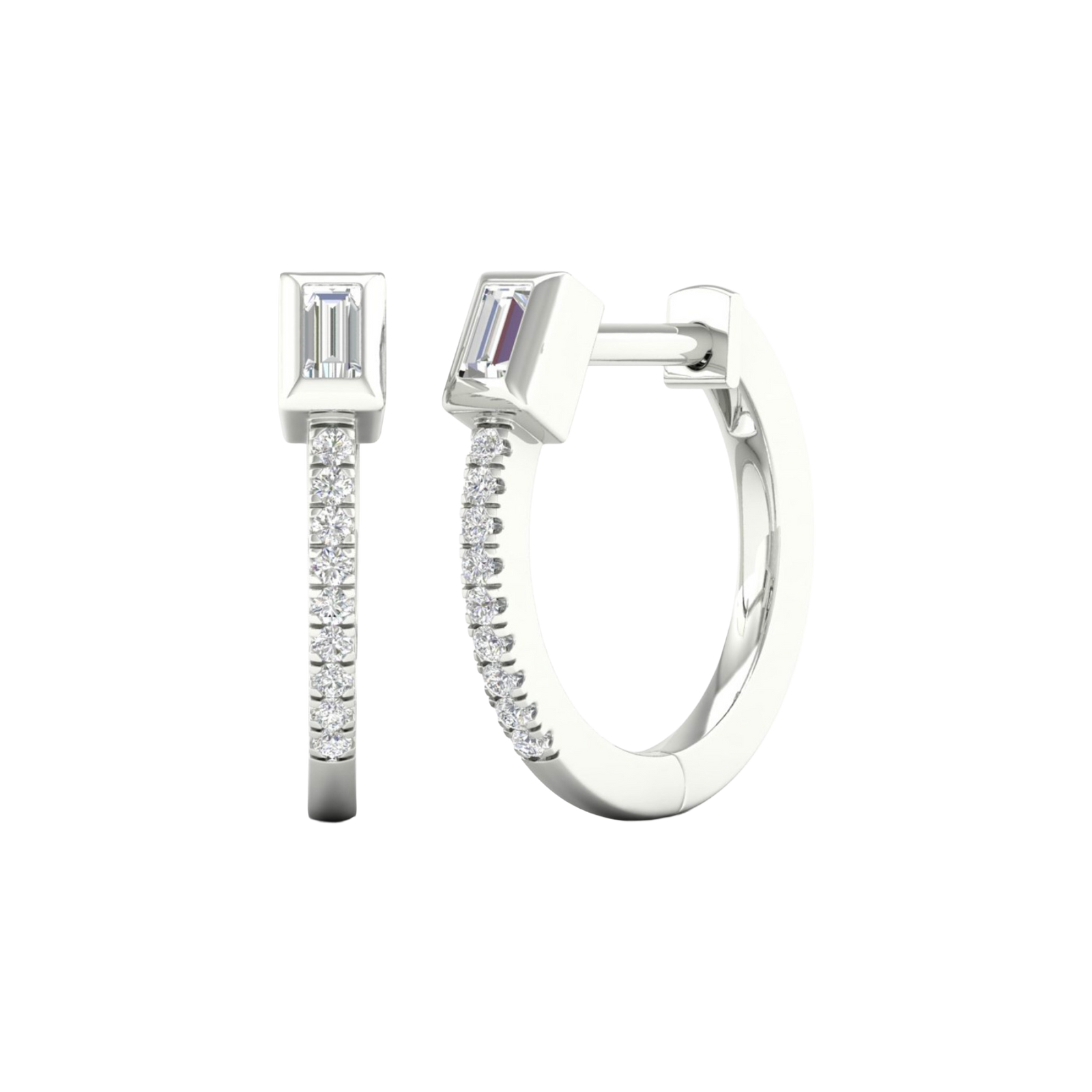 Shown from the front and angle, the 14K white gold huggie hoops feature a line of pavé diamonds and a single baguette diamond.