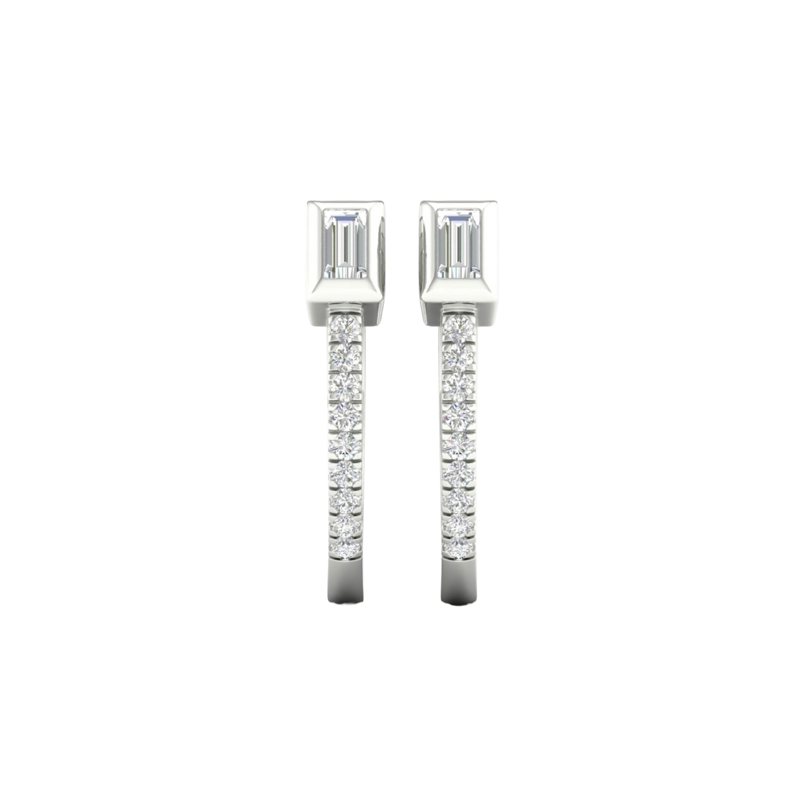 A pair of 14K white gold huggie hoops, shown from the front with a line of pavé diamonds and a single baguette diamond.