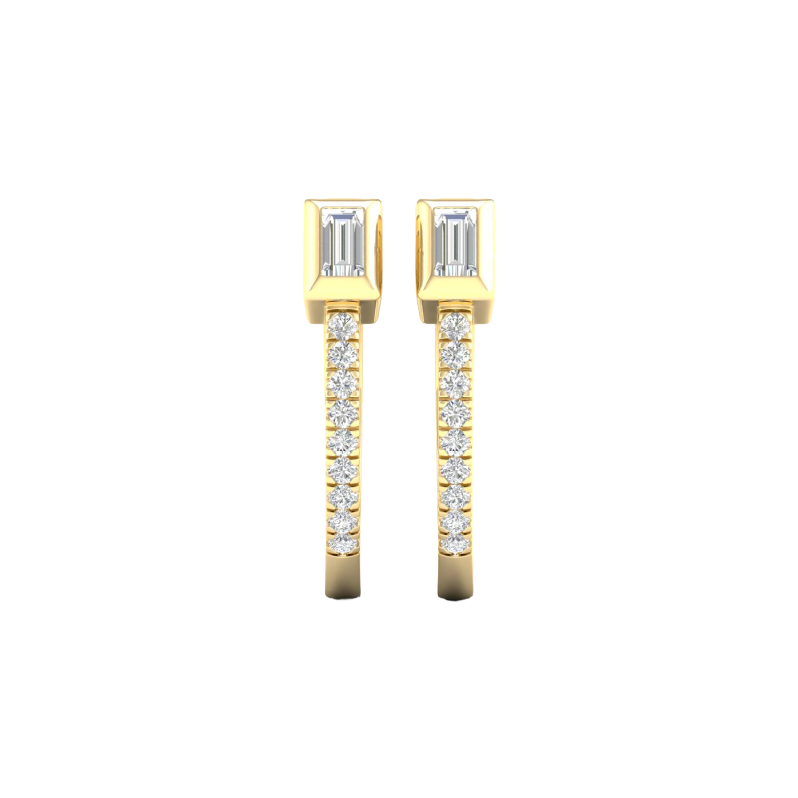 A pair of 14K yellow gold huggie hoops, shown from the front with a line of pavé diamonds and a single baguette diamond.