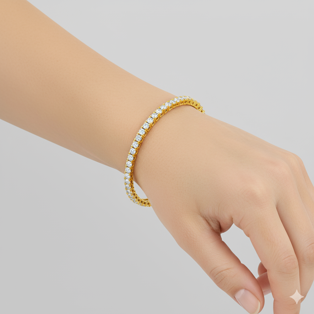 Angled view of the 14K yellow  gold Round Diamond Tennis Bracelet, coiled to showcase the continuous line of lab grown diamonds on a wrist.