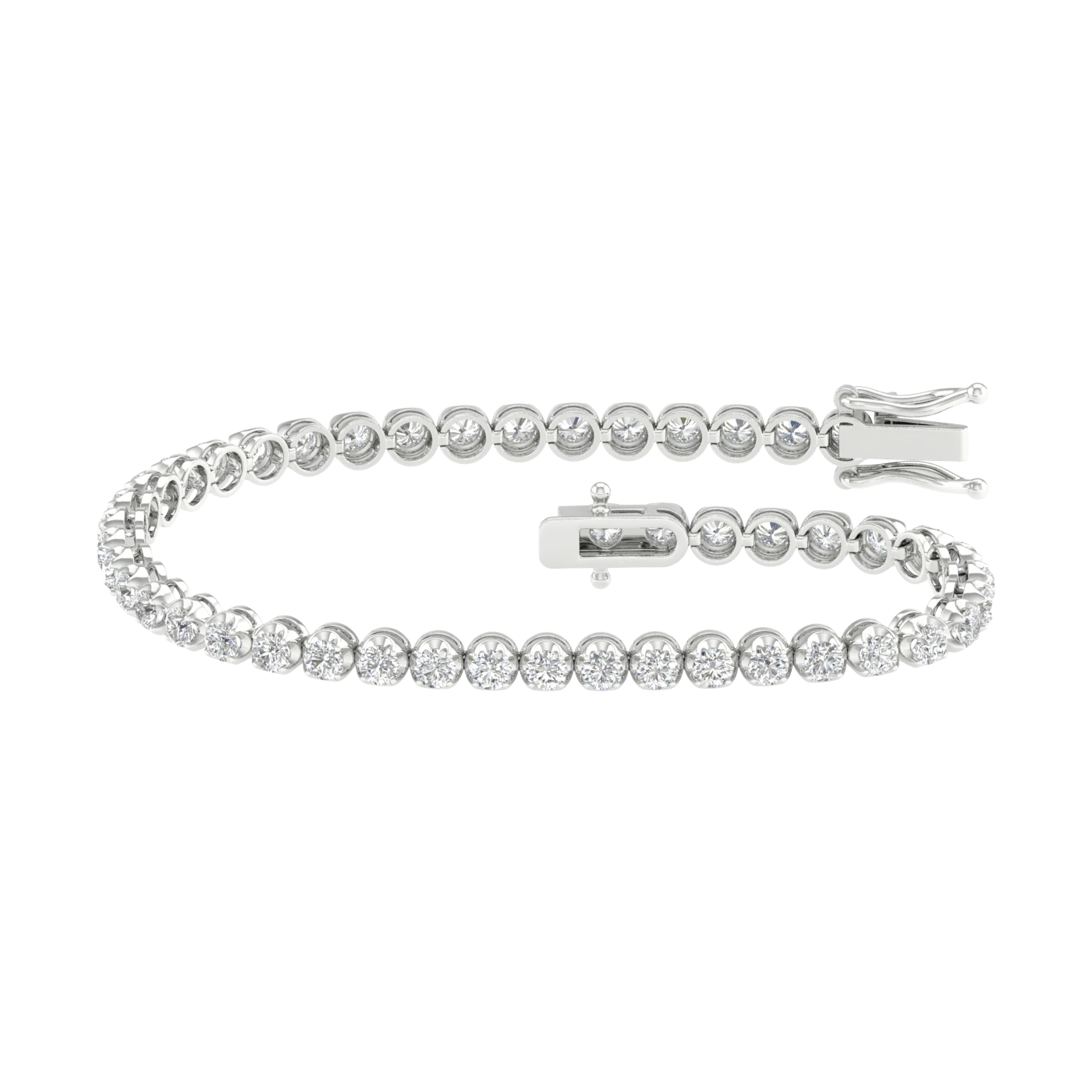 An angled view of the 14K white gold F VS diamond tennis bracelet, showing the gold cup setting and secure clasp.