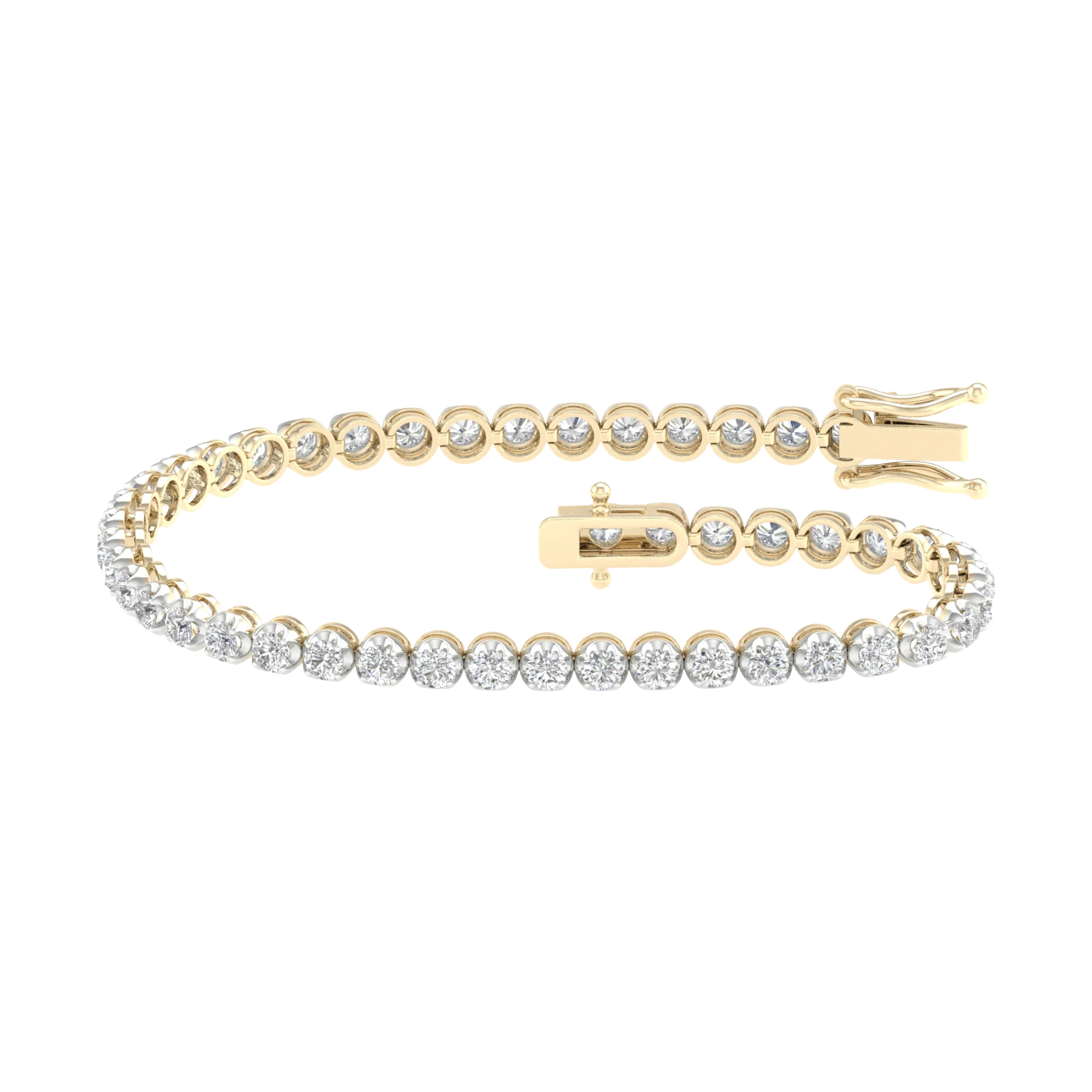 An angled view of the 14K yellow gold F VS diamond tennis bracelet, showing the gold cup setting and secure clasp.
