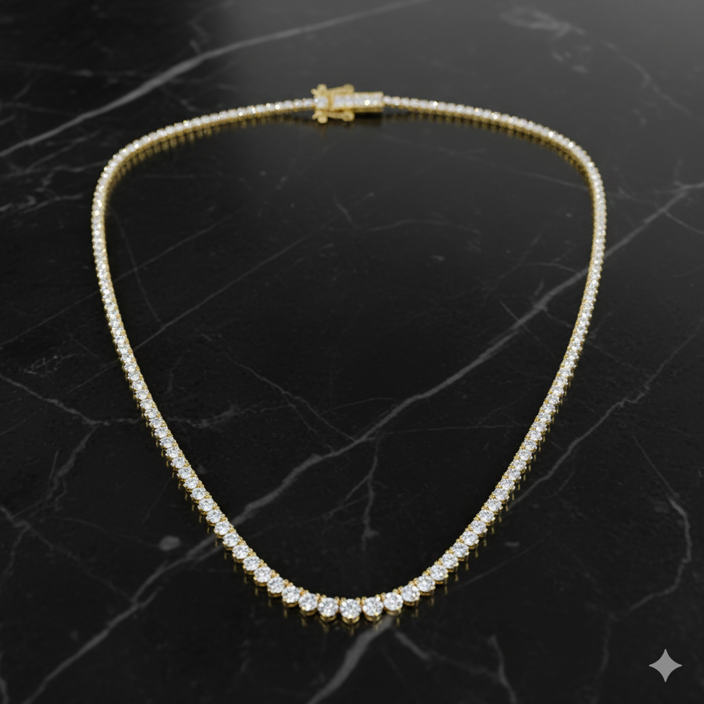 Graduating Diamond Necklace (Daily Centerpoint) in 14K yellow gold on a black marble surface.