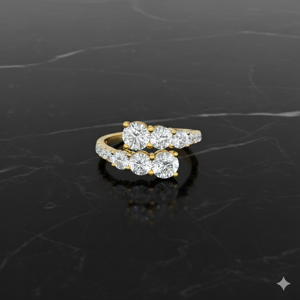 Yellow gold diamond ring resting on black marble, featuring multiple round brilliant-cut diamonds arranged in a modern layered design with pavé diamond accents along the band and a polished gold finish.