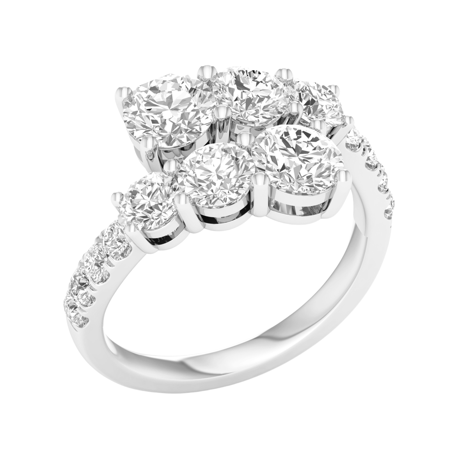 A three-quarter perspective of a 14K white gold bypass ring showcasing a multi-stone cluster of round brilliant diamonds. The staggered diamond rows create a tiered, high-brilliance effect with a pavé-set gold band.