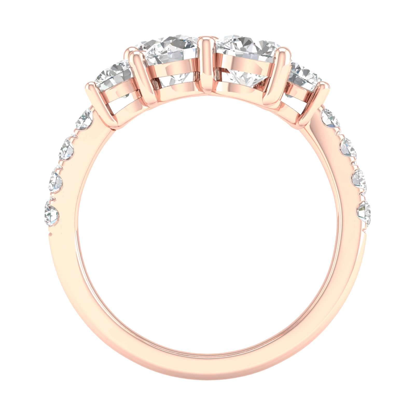 Front profile of an Amorati lab-grown diamond ring, highlighting the secure four-prong settings and the elegant curve of the rose gold band. The stones are arranged in a dynamic, wave-like formation.