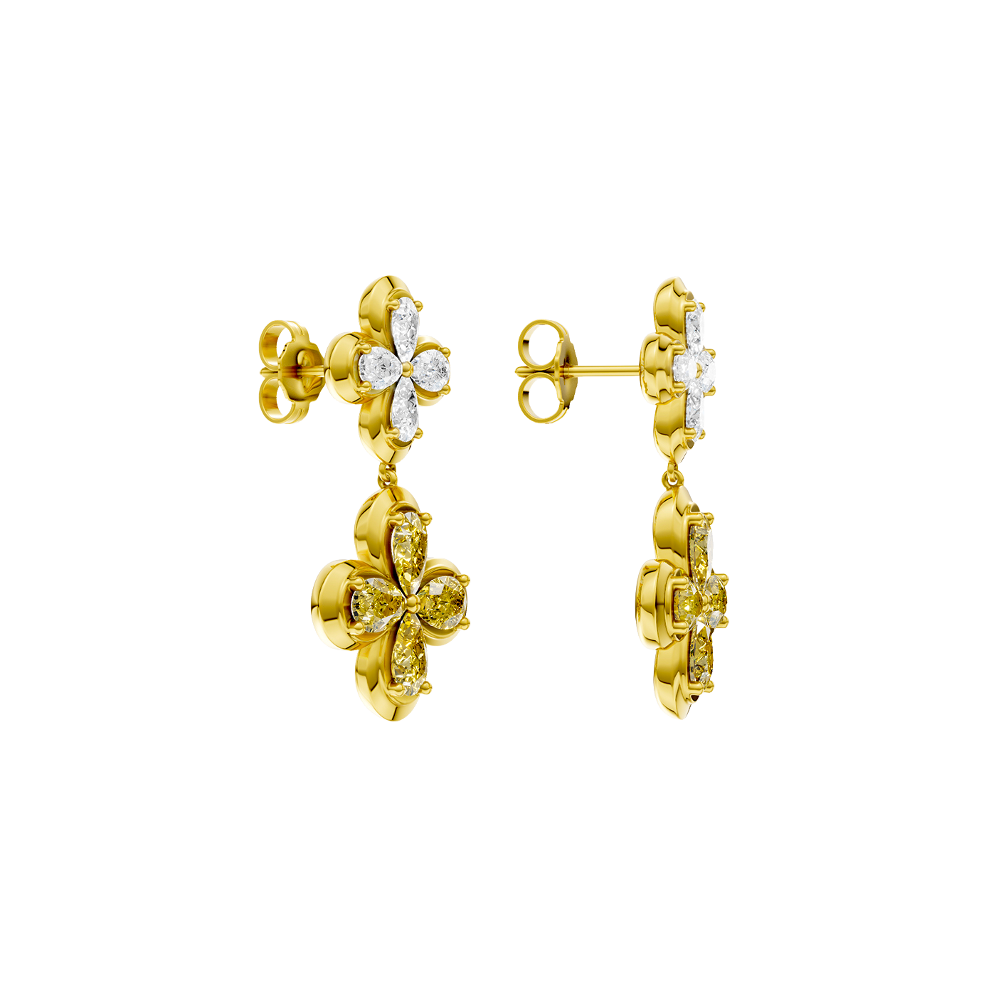 A pair of gold drop earrings from the Signature Collection, showing the white and yellow diamond flower design from a three-quarter angle.