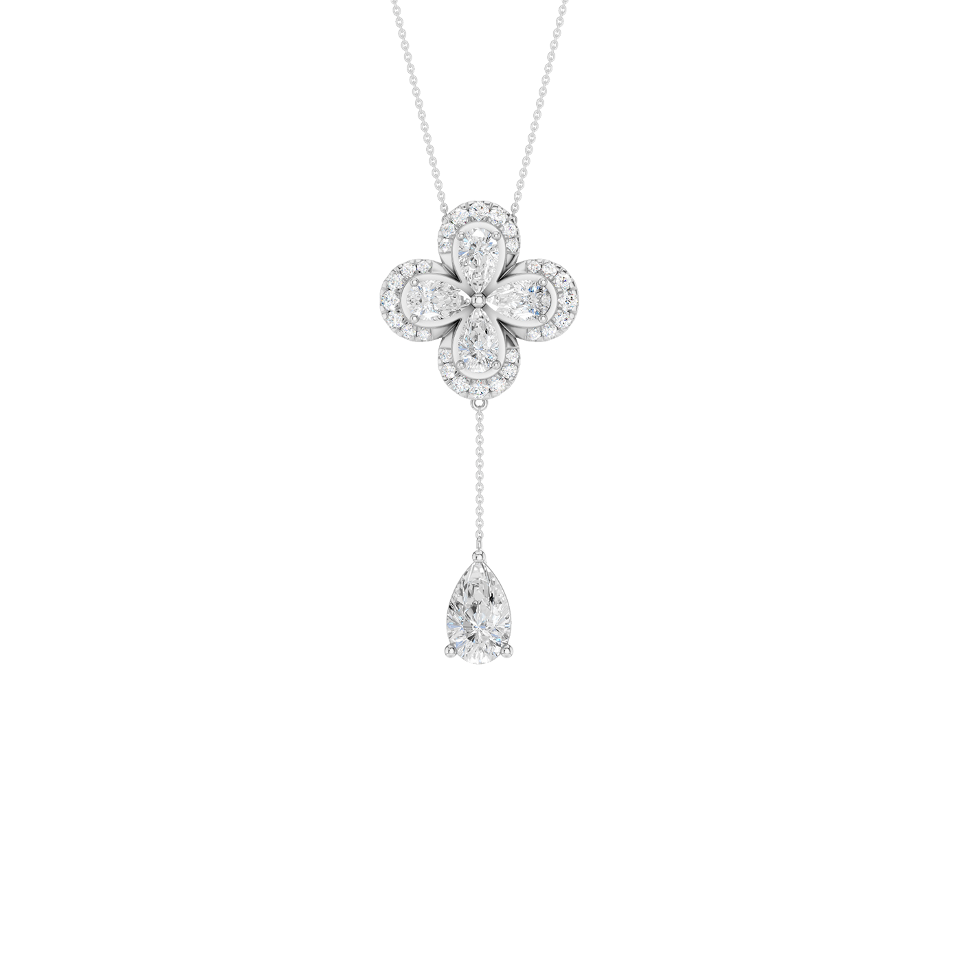 Front view of a yellow gold floral diamond necklace featuring a pear-cut diamond flower pendant with matching diamond accents along a delicate white gold chain.