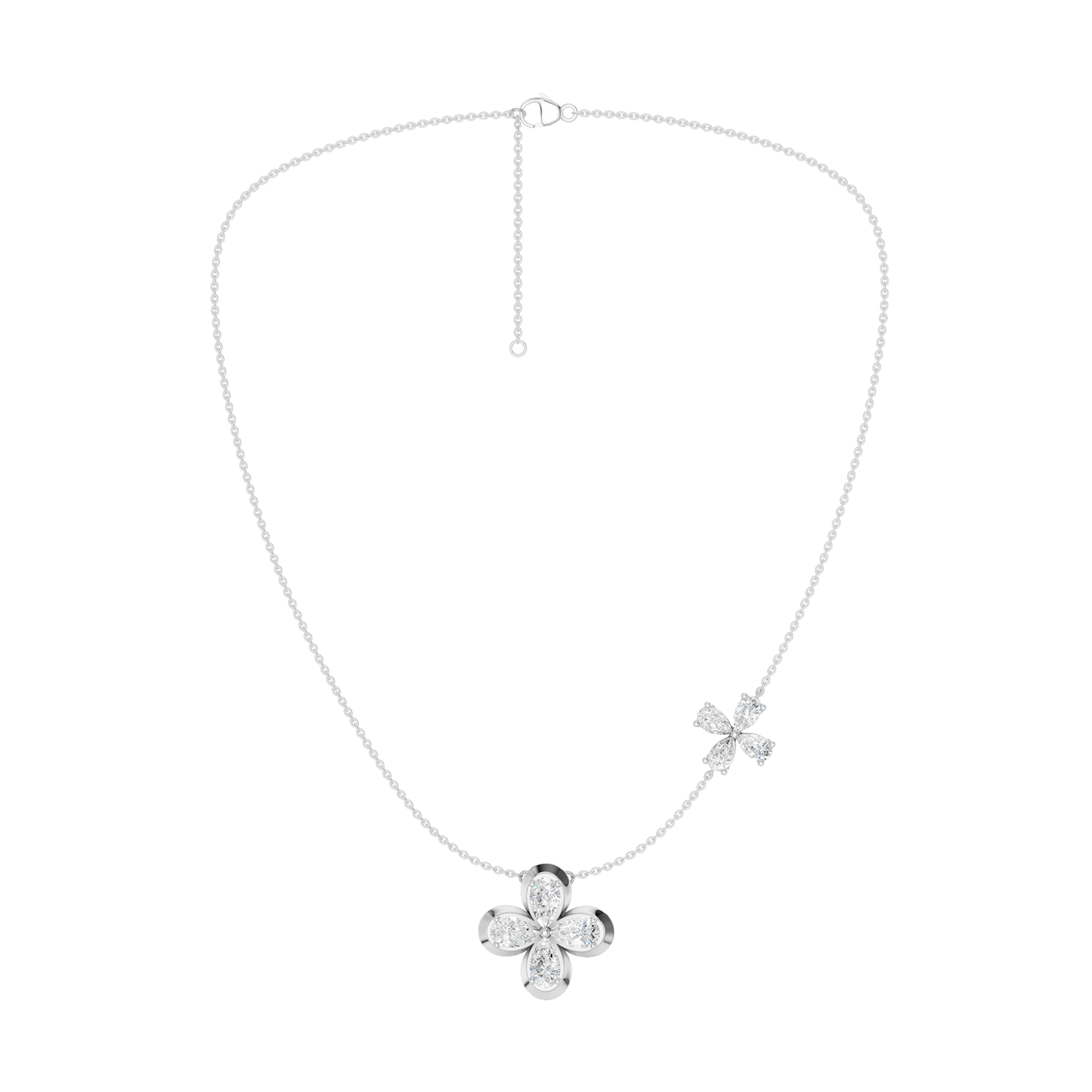 Front view of a yellow gold floral diamond necklace featuring a marquise-cut diamond flower pendant with matching diamond accents along a delicate white gold chain.