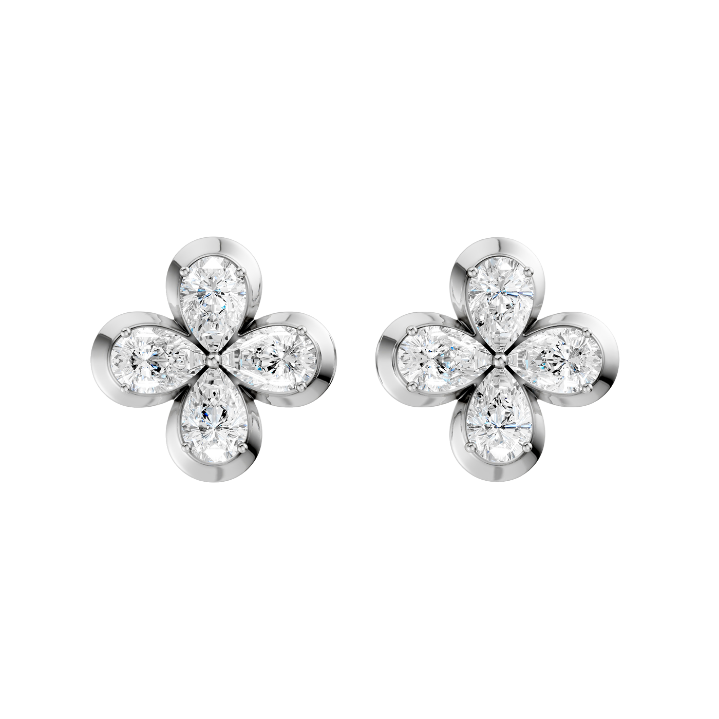 Front view of white gold floral diamond stud earrings featuring marquise-cut white diamonds arranged in a four-petal flower design with a classic prong-set center.