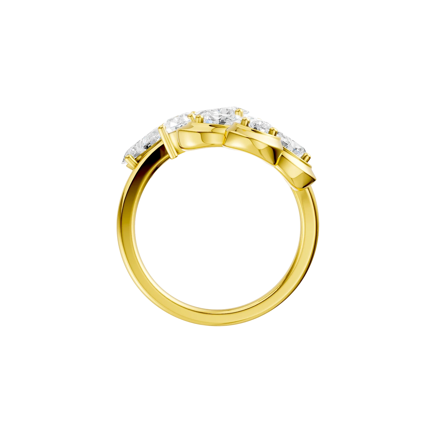 Front view of a yellow gold floral diamond ring featuring marquise-cut white diamonds arranged in a blooming flower design with polished gold petals and sculptural detailing.
