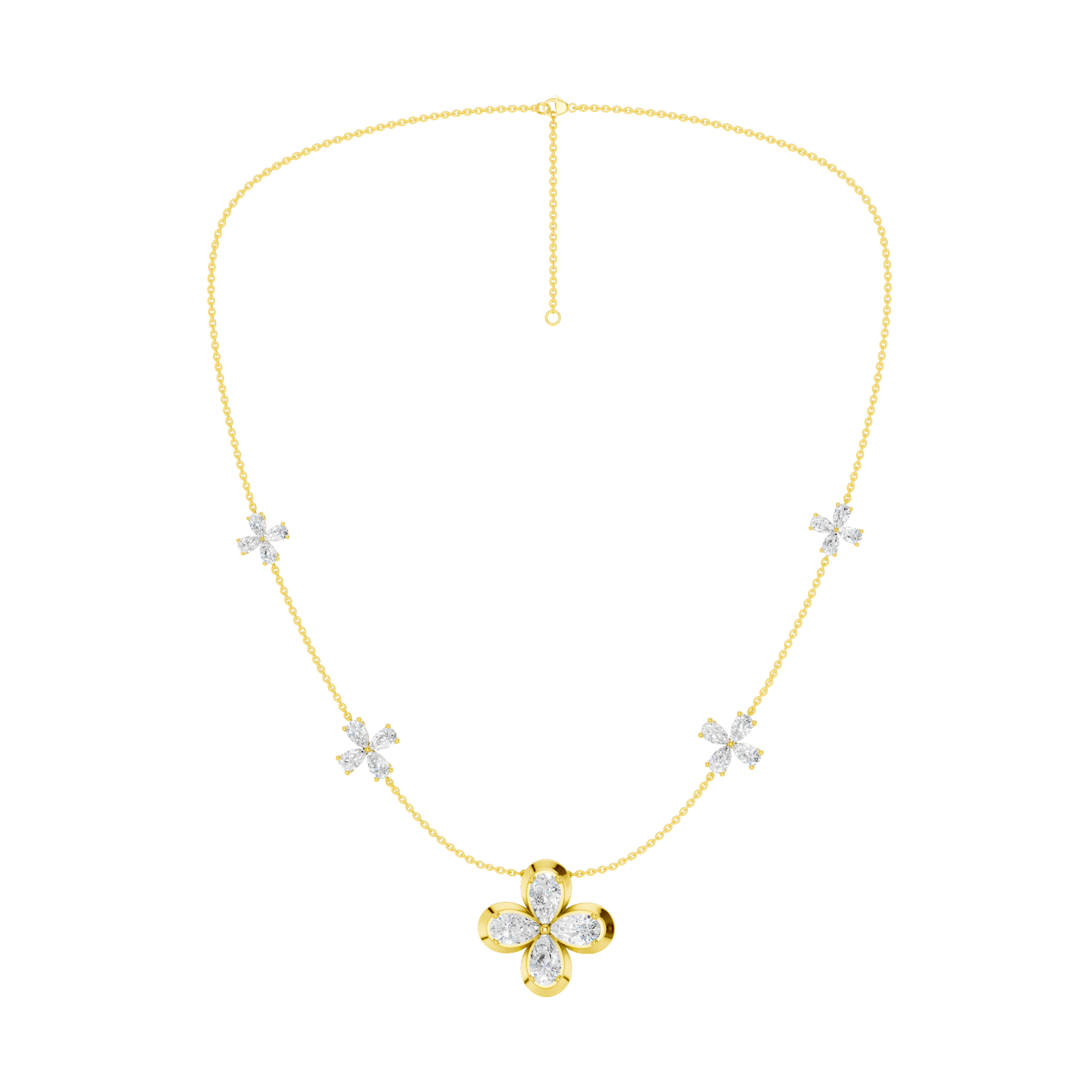 Front view of a yellow gold floral diamond necklace featuring a marquise-cut diamond flower pendant with matching diamond accents along a delicate gold chain.