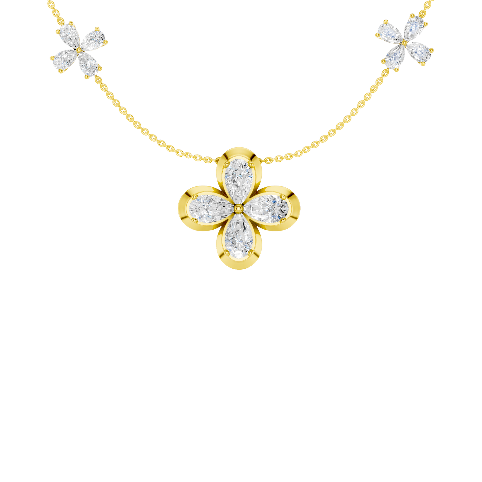 Zoomed in front view of a yellow gold floral diamond necklace featuring a marquise-cut diamond flower pendant with matching diamond accents along a delicate gold chain.