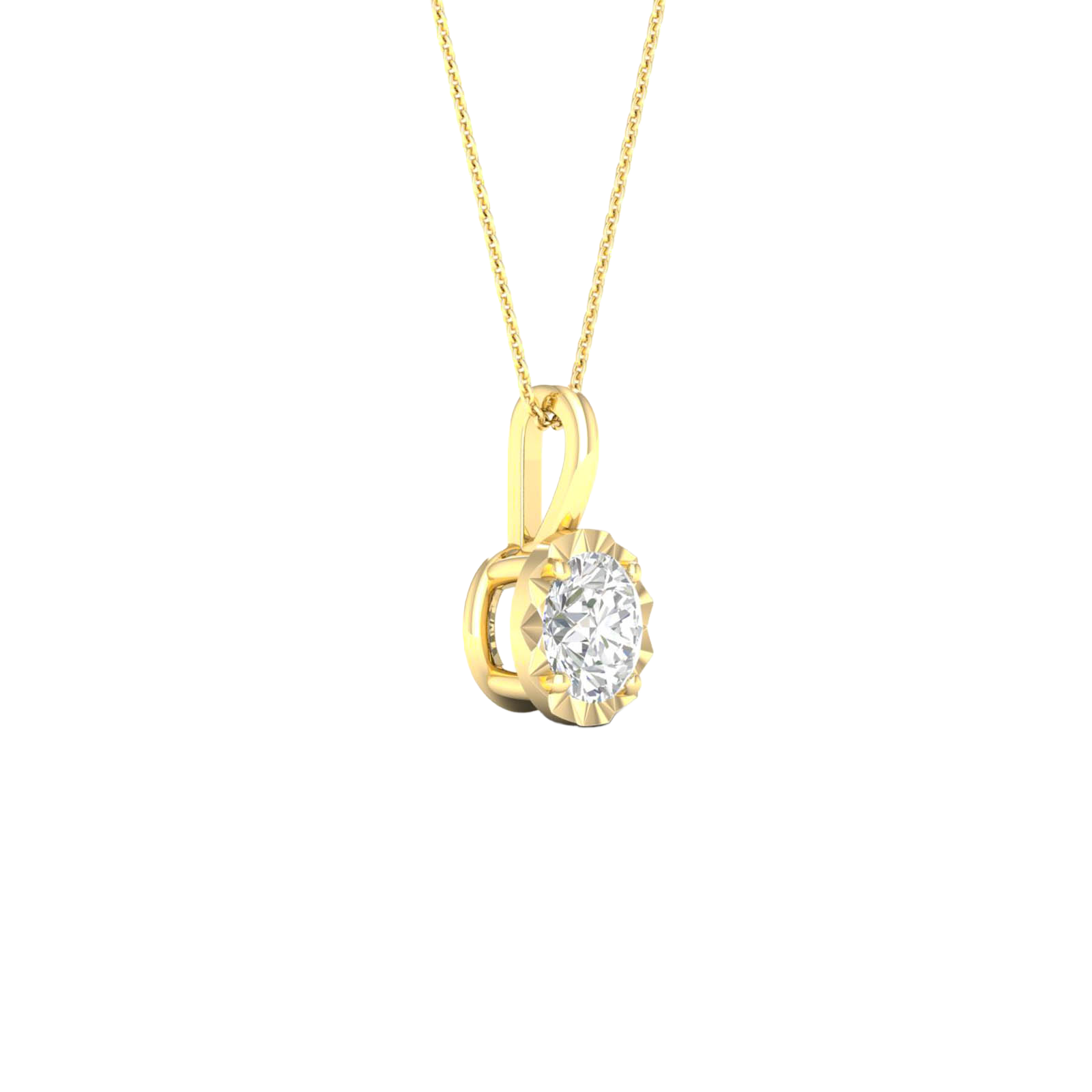 Angled view of a yellow gold round solitaire diamond necklace highlighting warm gold tones, diamond sparkle, and refined craftsmanship.