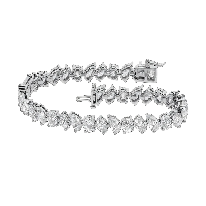 Front view of a marquise-cut diamond tennis bracelet in white gold, featuring a continuous row of marquise diamonds set in a sleek, articulated design.