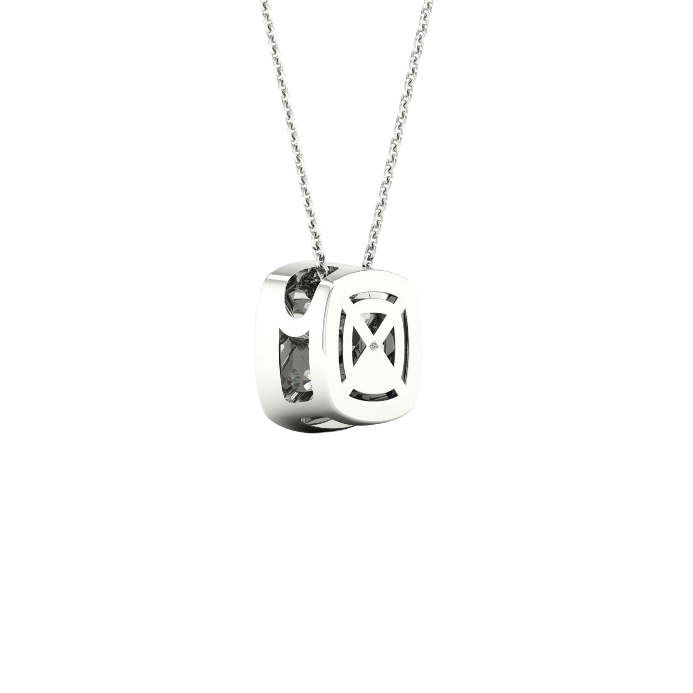 Back view of a white gold cushion cluster diamond pendant necklace showing a clean, polished backing and modern construction.
