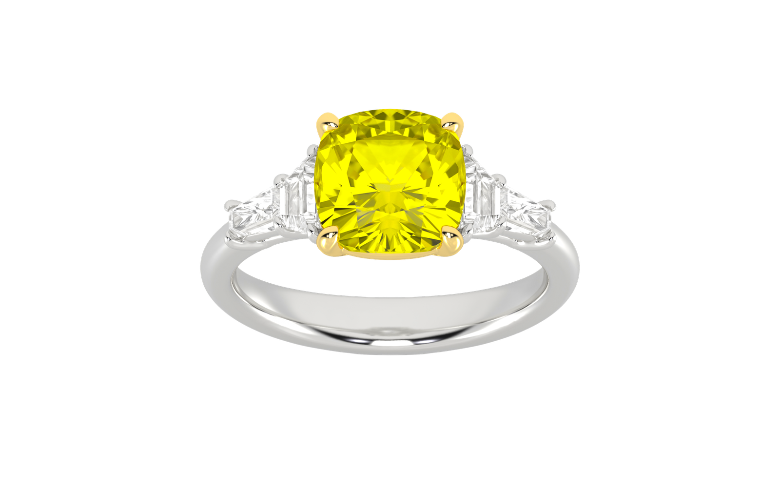 Top view of a white gold ring showcasing a yellow diamond center framed by white diamond side stones.