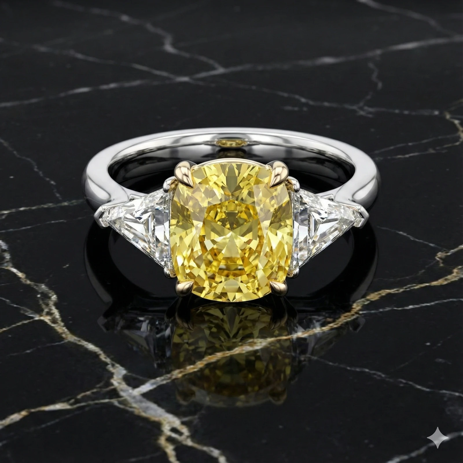 Angled view of a white gold three-stone ring featuring IGI Certified 4.0ct  VS+ Vivid center lab grown diamond and .66 cttw of VS+ E-F diamond triangle side stones resting on a black marble surface.