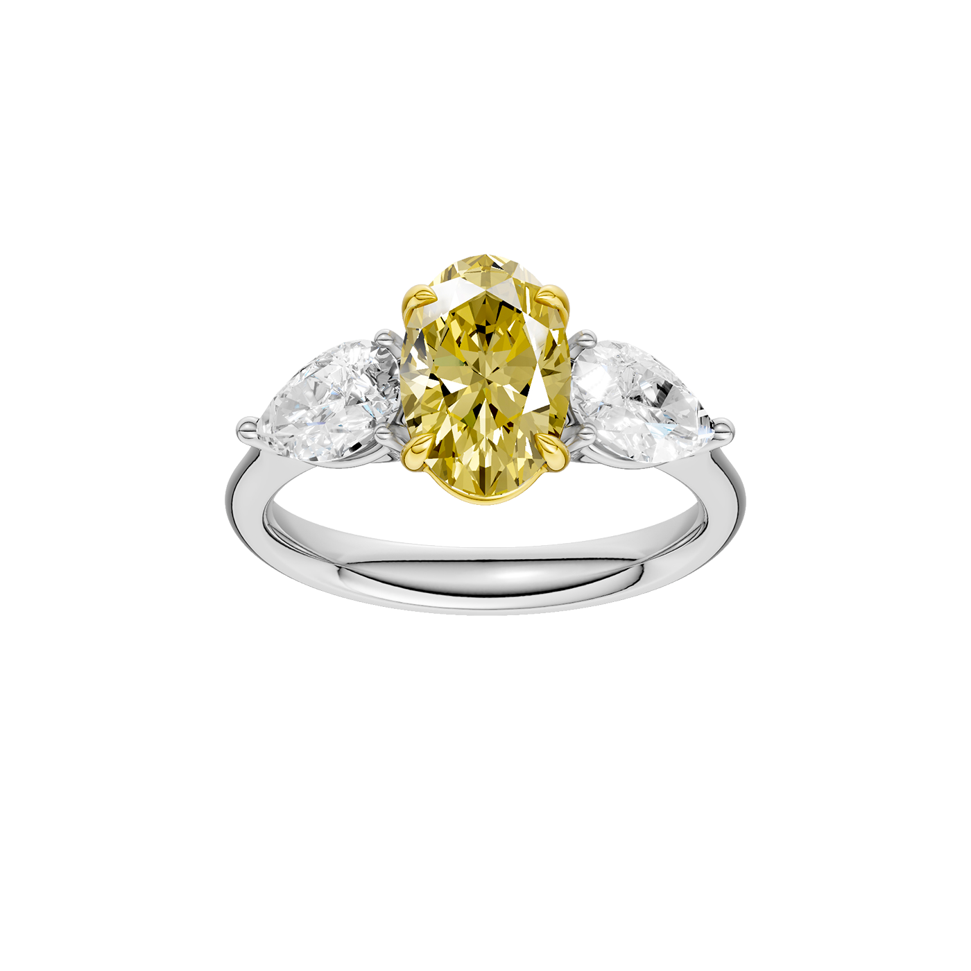 Top view of a white gold three-stone ring showcasing a yellow diamond center with pear-shaped white diamonds on each side.