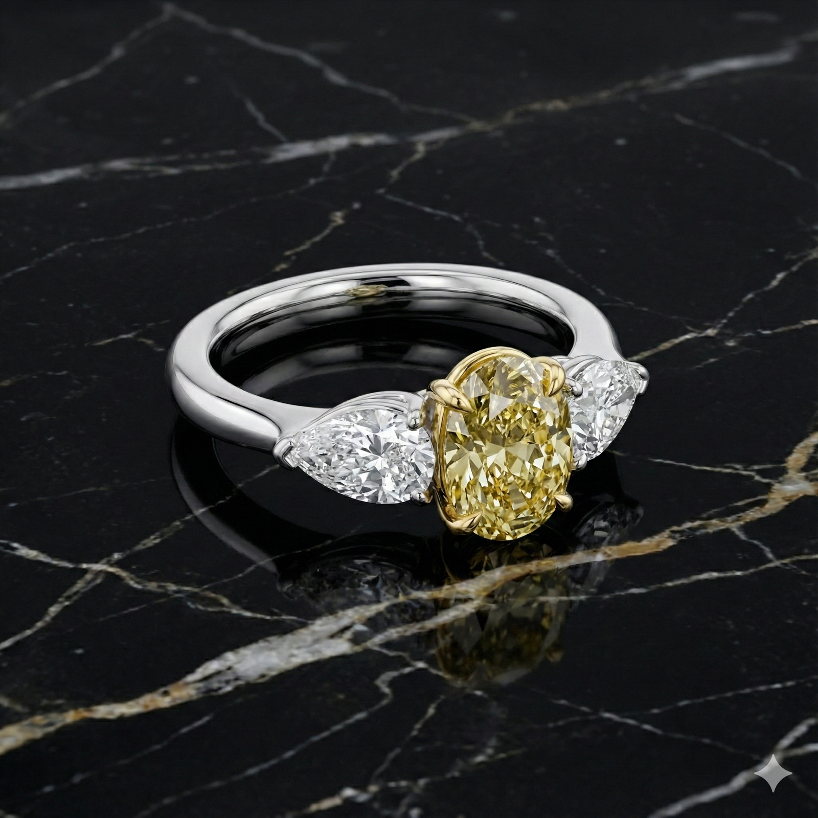 Angled view of a white gold three-stone ring featuring a yellow diamond center and pear-shaped white diamond side stones resting on a black marble surface.