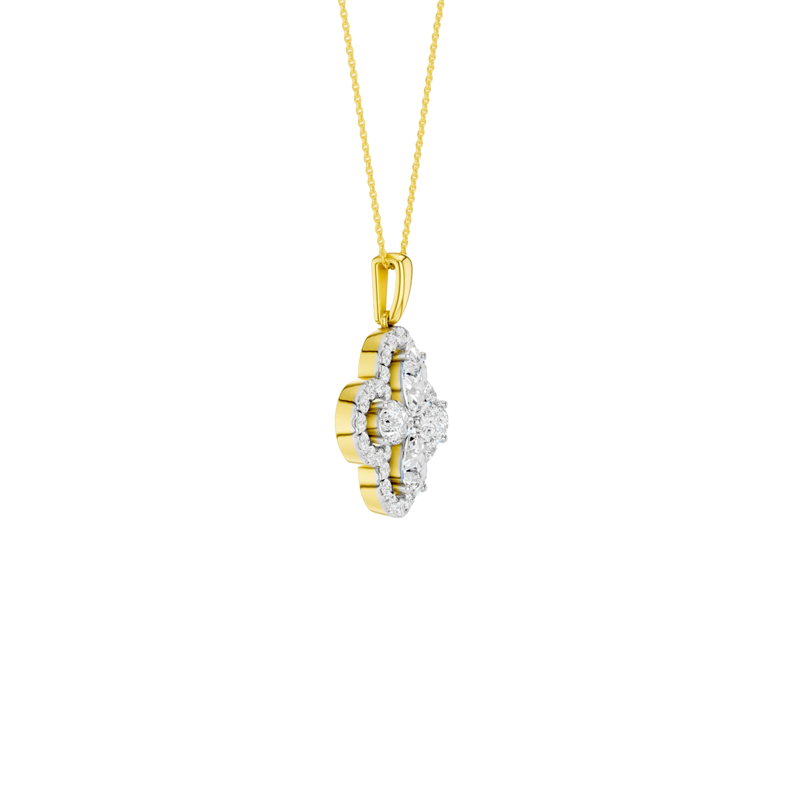 Angled view of a yellow gold pendant necklace featuring white diamonds and a warm polished gold finish.