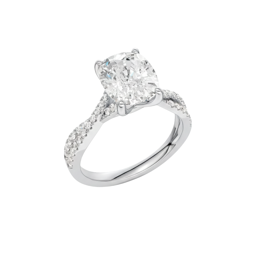 A three-quarter view of the Elongated Cushion diamond engagement ring in 14k white gold with a prong diamond band and cathedral setting