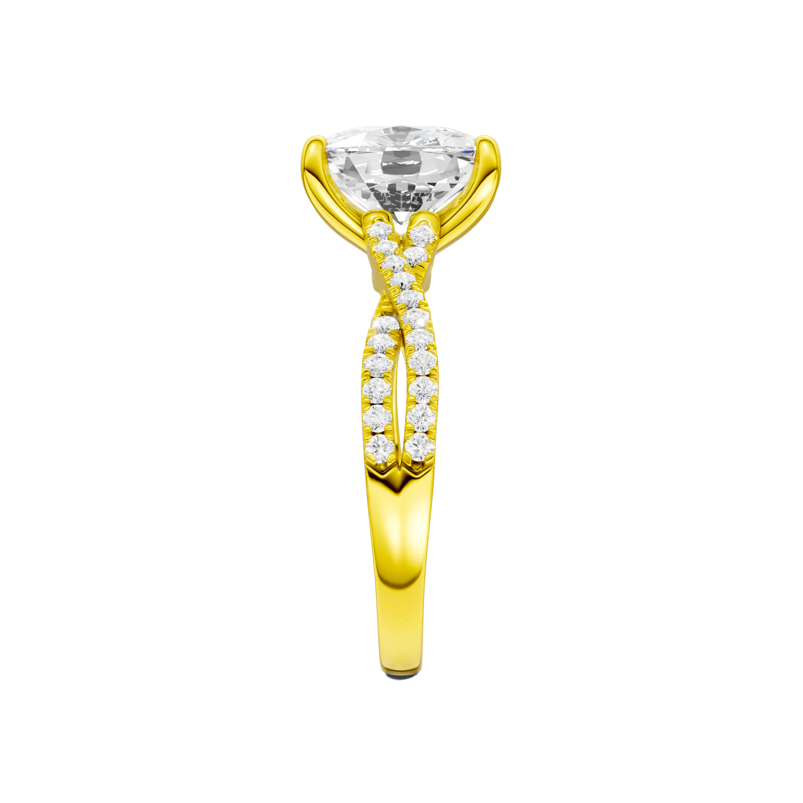 A side view of the Elongated Cushion diamond engagement ring in 14k yellow gold with a prong diamond band and cathedral setting