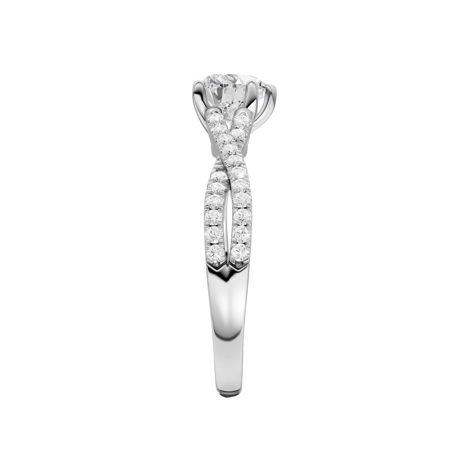 A side view of 14K white gold Amorati Vignette heart diamond solitaire with prong setting and diamond band
