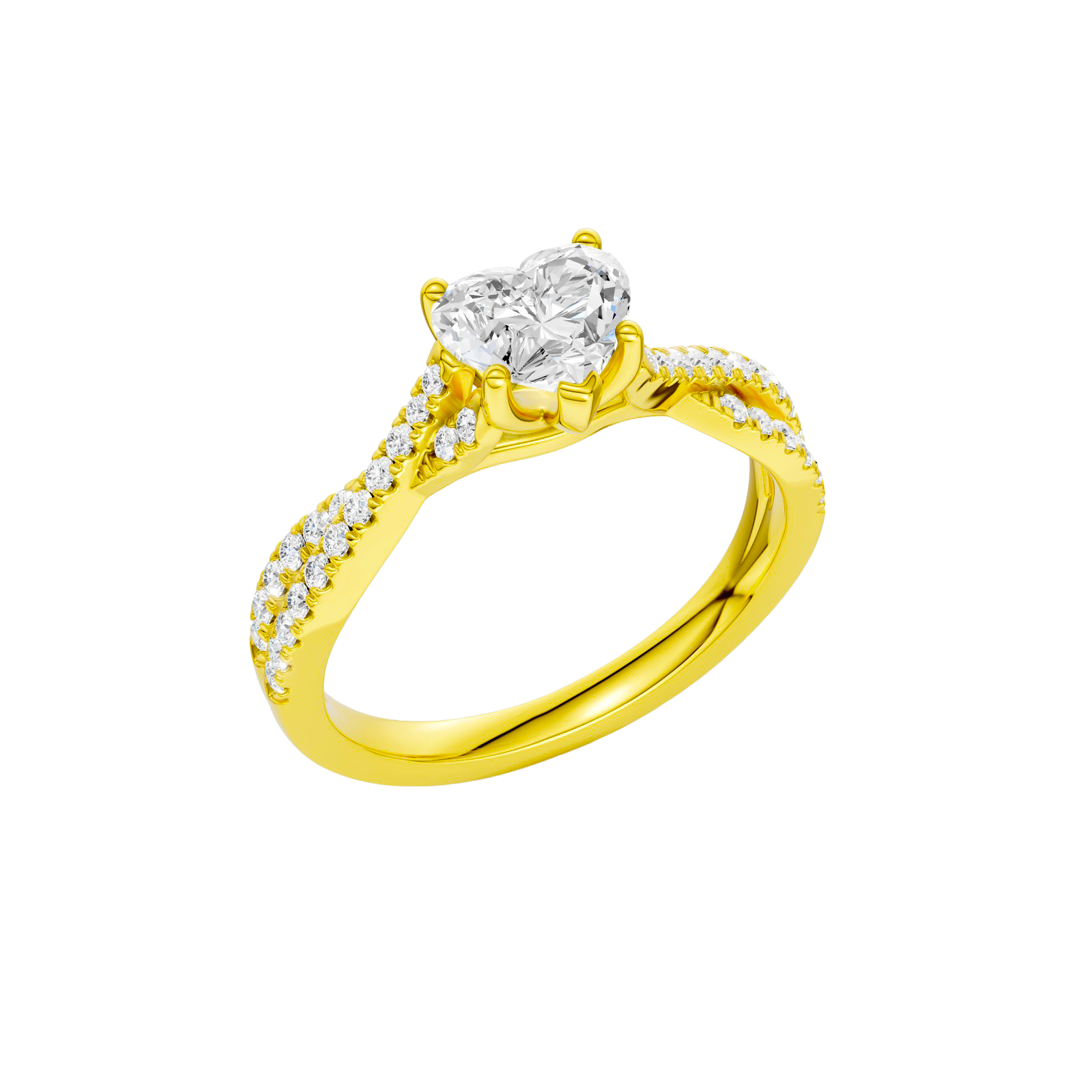 An angled view of 14K yellow gold Amorati Vignette heart diamond solitaire with prong setting and diamond band
