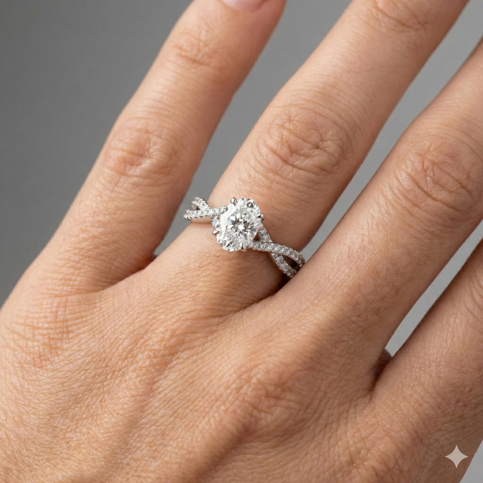 Oval cut diamond engagement ring in 14k white gold with a prong diamond band and twist setting on a hand