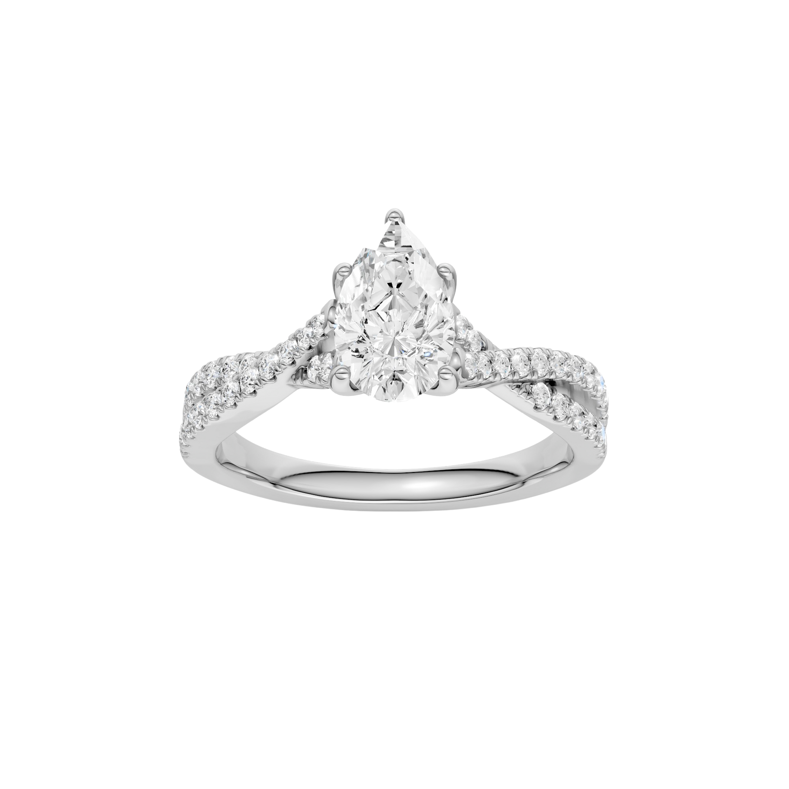 A top view of 14K white gold Amorati Vignette pear diamond solitaire with prong setting and diamond band