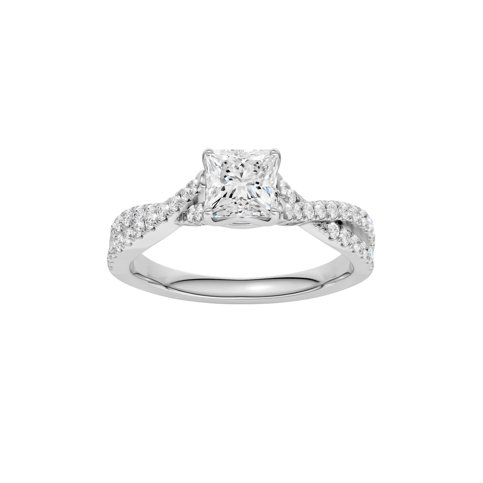 A top view of 14K white gold Amorati Vignette princess diamond solitaire with prong setting and diamond band