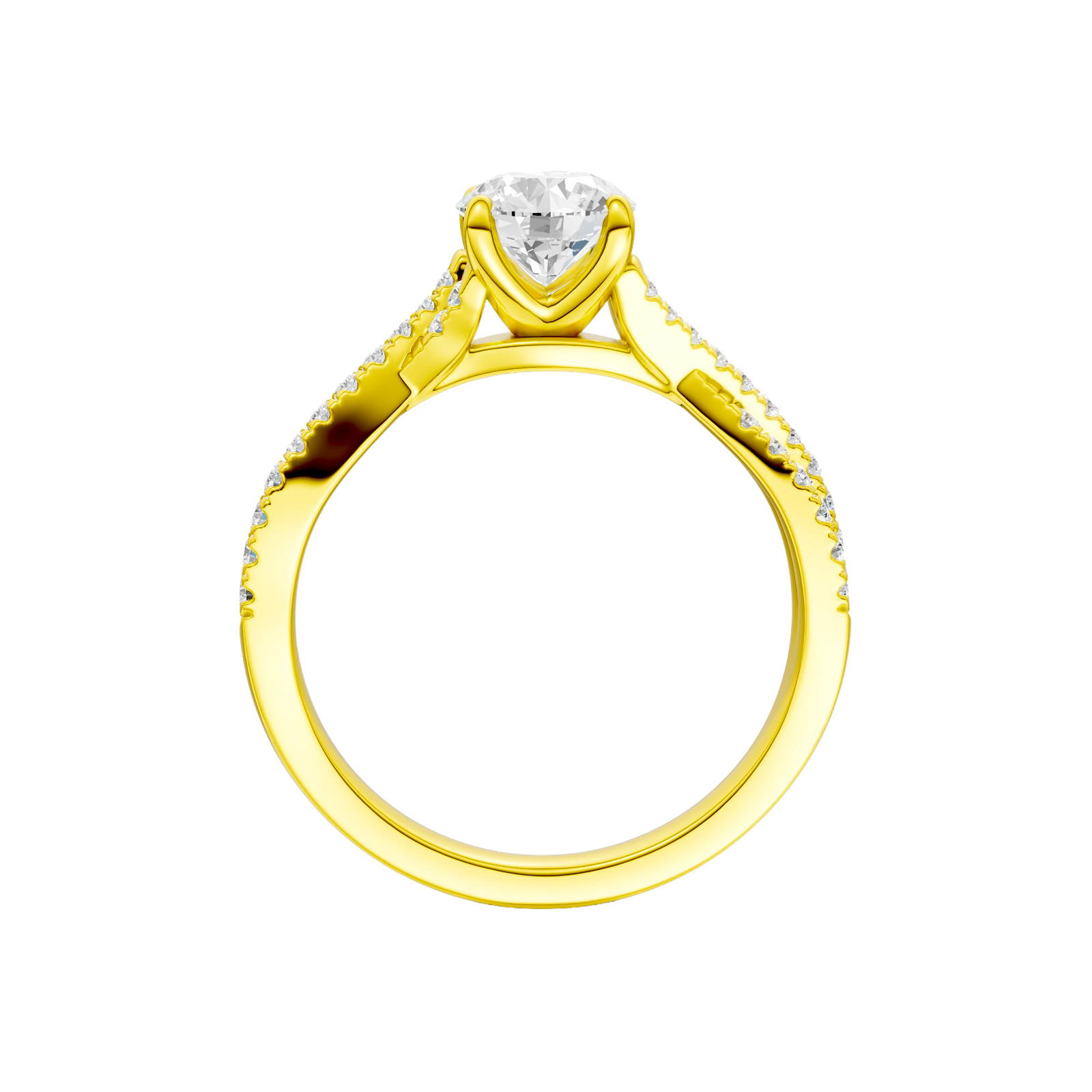 A side profile view of the 14K yellow gold Amorati Vignette Round Diamond Band Solitaire