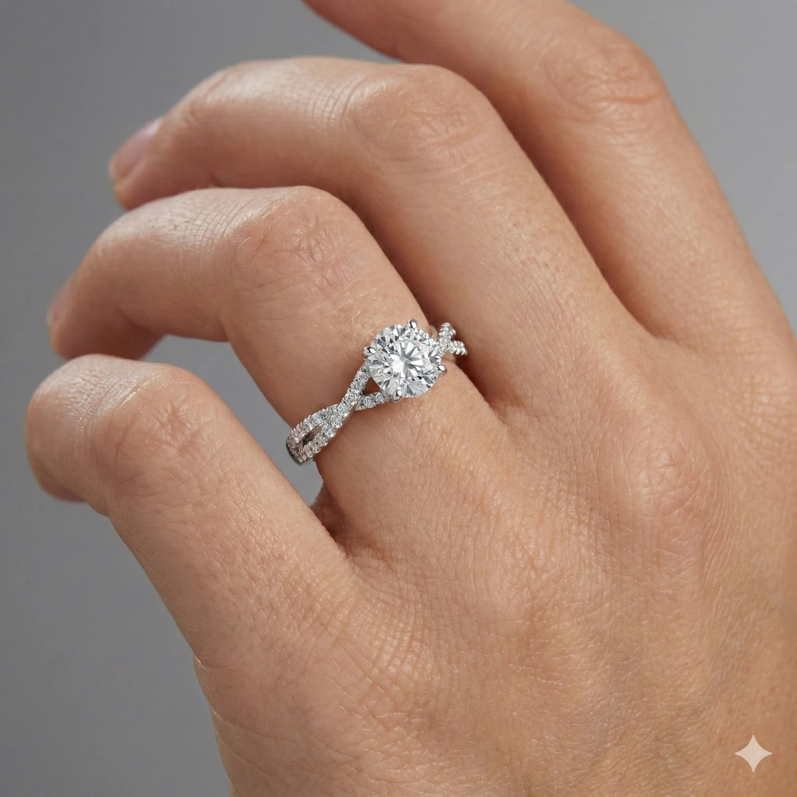 Round cut diamond engagement ring in 14k white gold with a prong diamond band and twist setting on a hand
